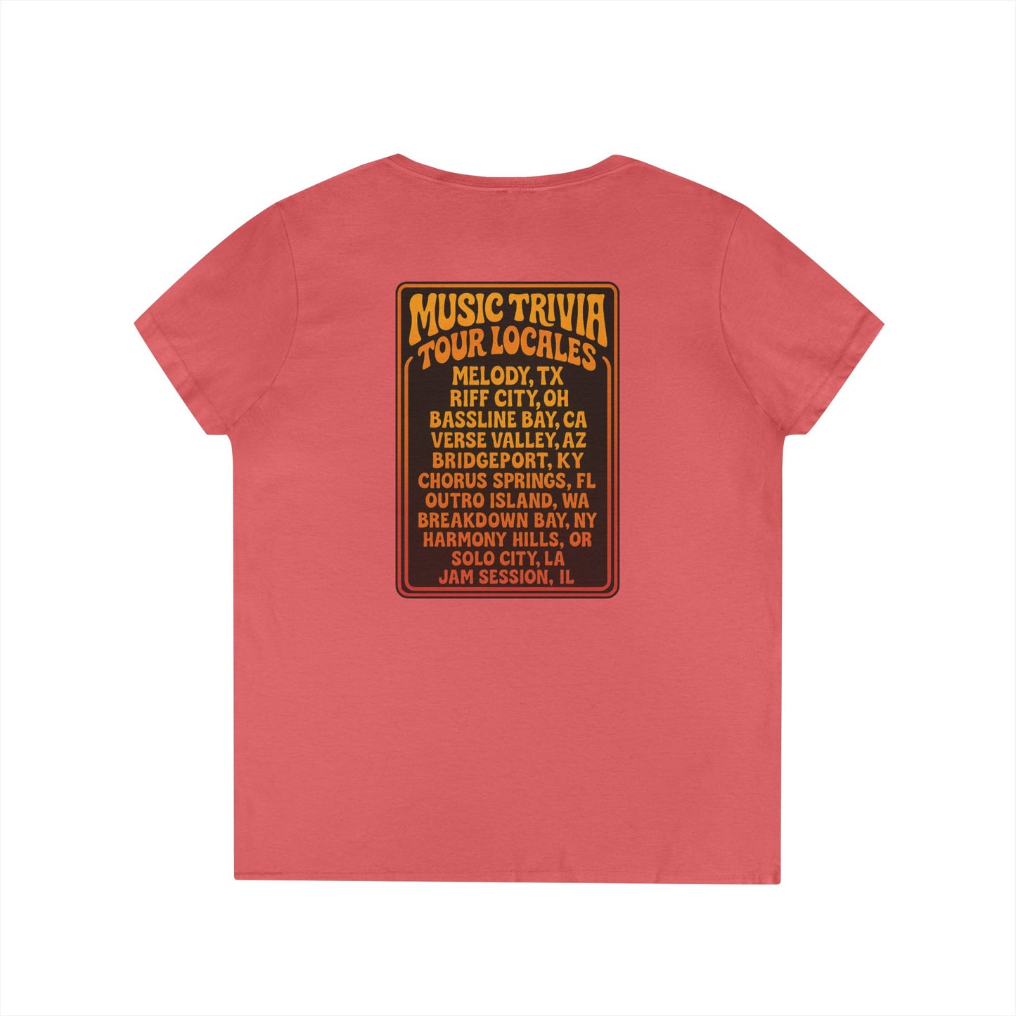 Retro music trivia t-shirt V-neck by Printify in red with vintage tour locales graphic on back