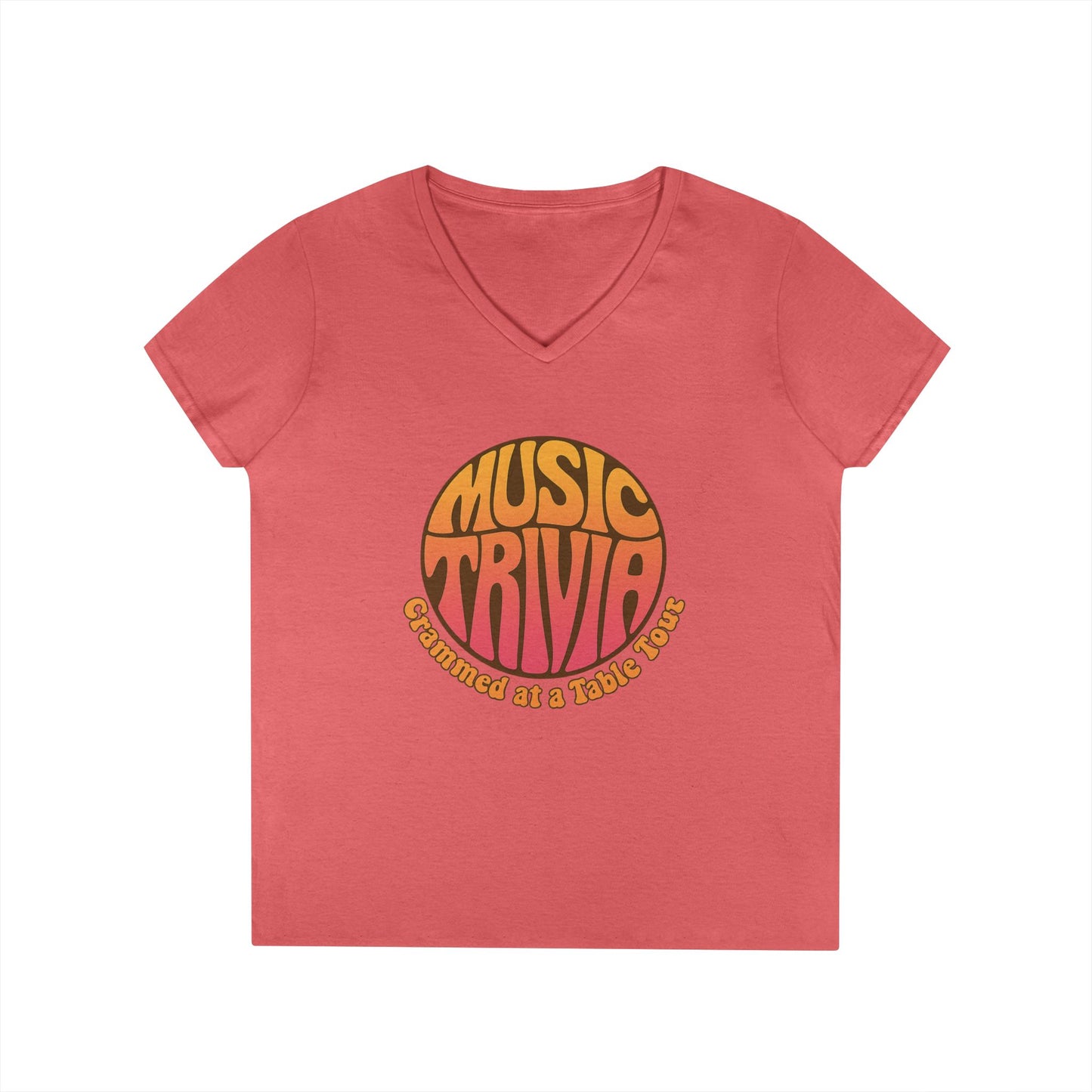 Pink Printify V-neck retro music trivia t-shirt with vintage style music trivia graphic