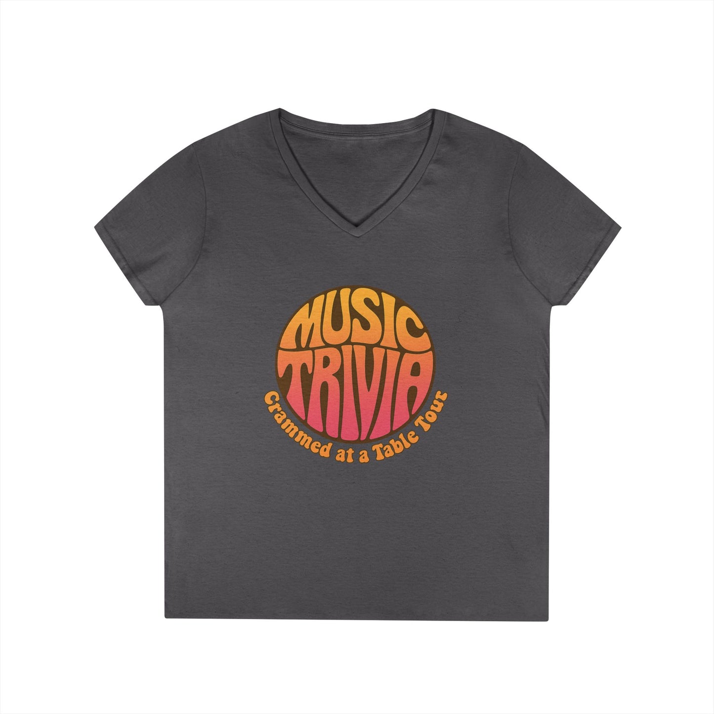 Printify retro music trivia t-shirt in charcoal gray with V-neck and colorful vintage design