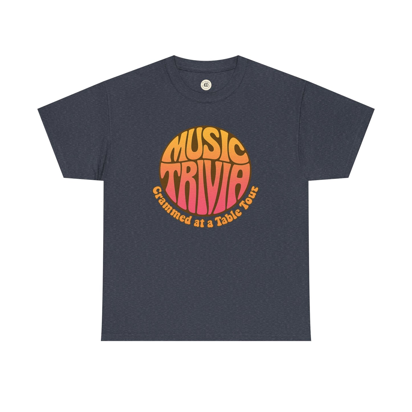 Printify retro music trivia t-shirt in dark gray with orange and yellow vintage style graphic
