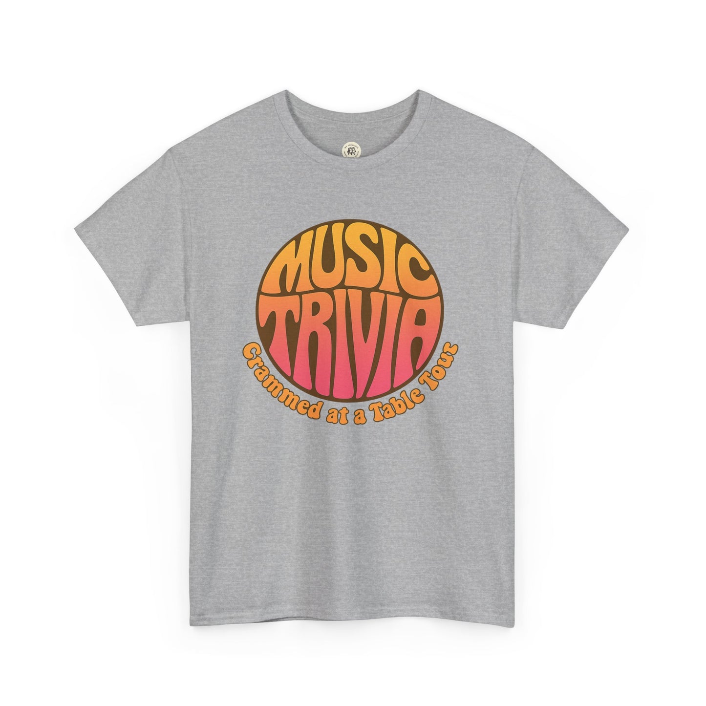 Printify gray retro music trivia t-shirt with colorful 70s style typography design