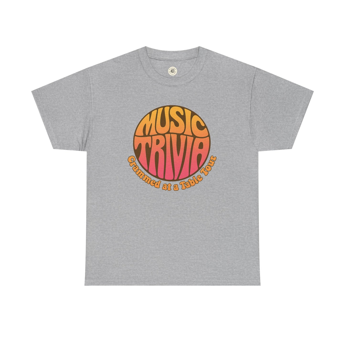 Printify gray retro music trivia t-shirt with orange and yellow circular graphic design