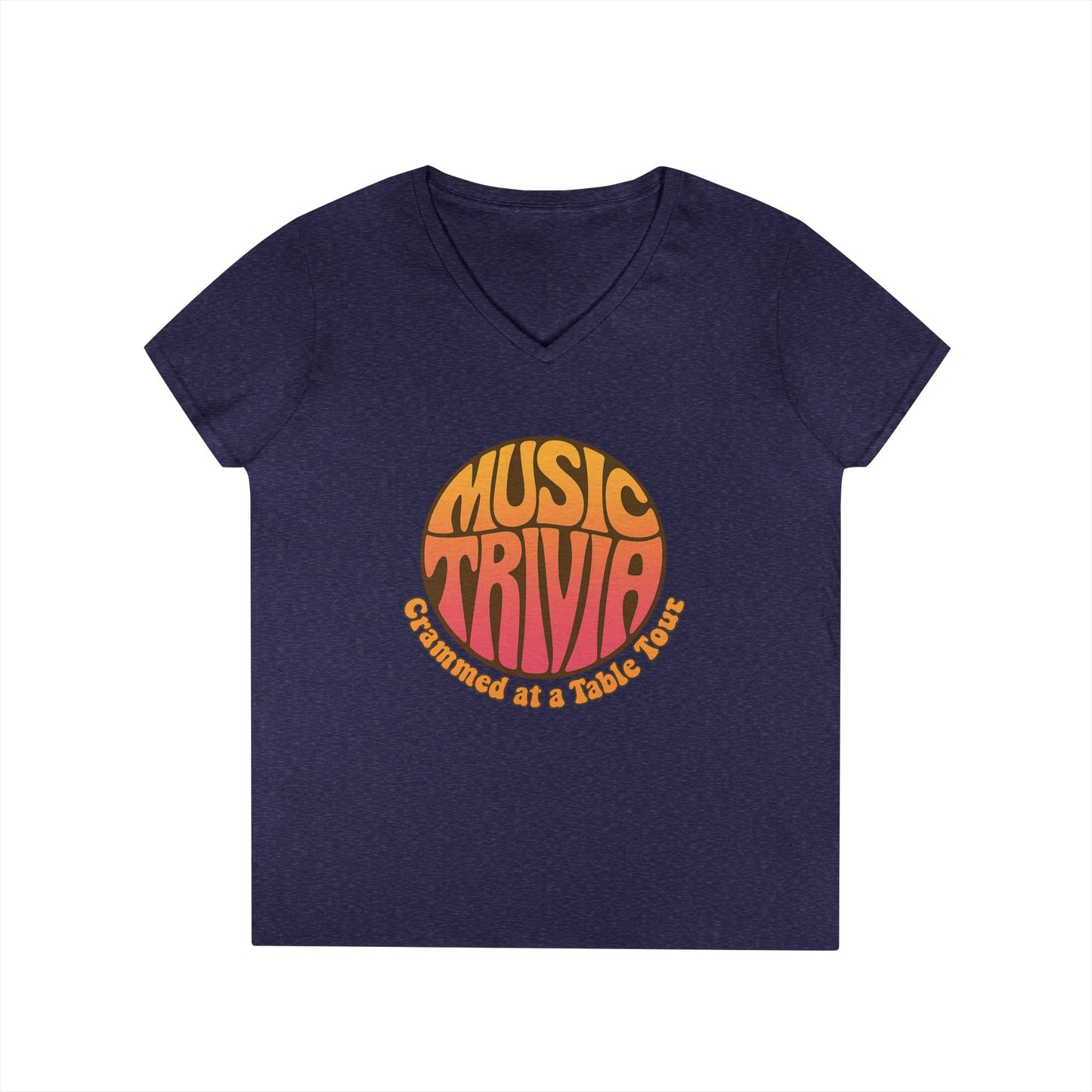 Printify V-neck retro music trivia t-shirt with vintage style orange and pink circular graphic