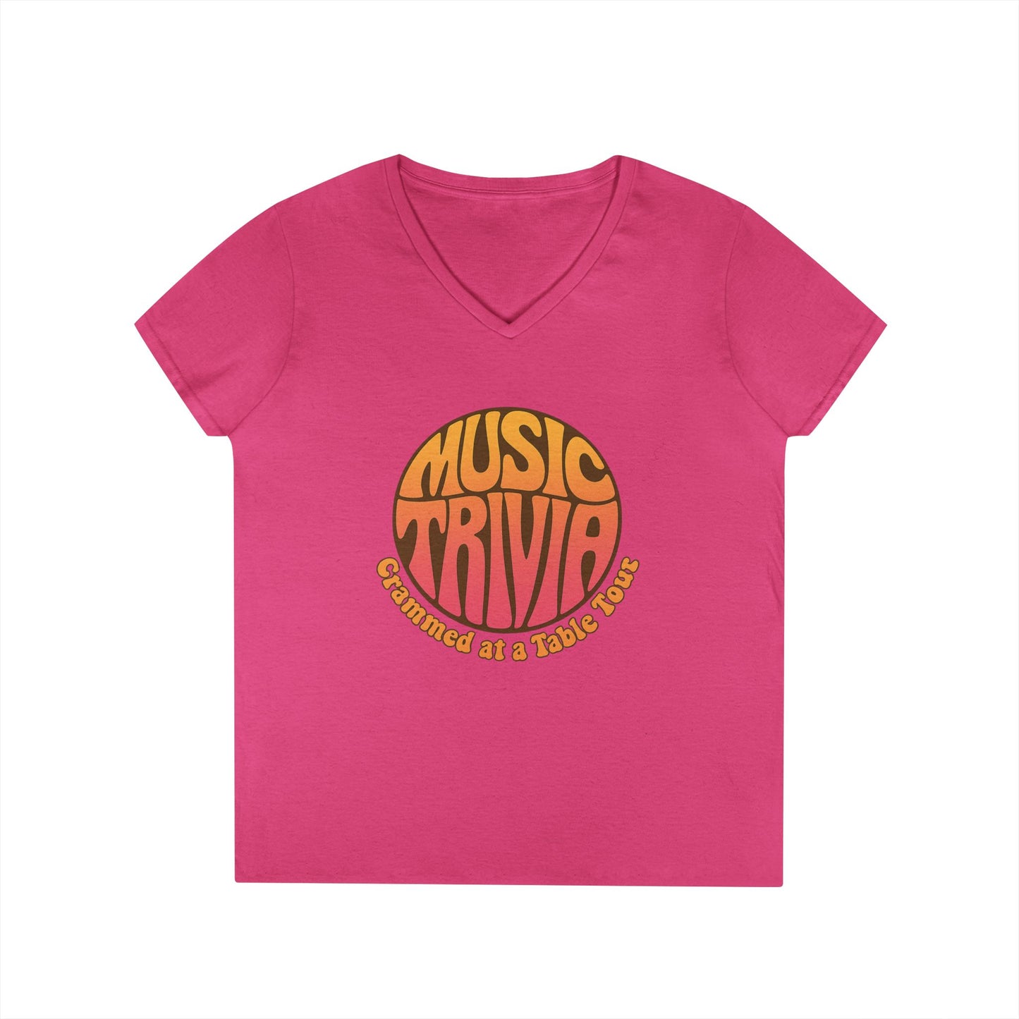 Pink V-neck retro music trivia t-shirt with orange and yellow graphic Printify design