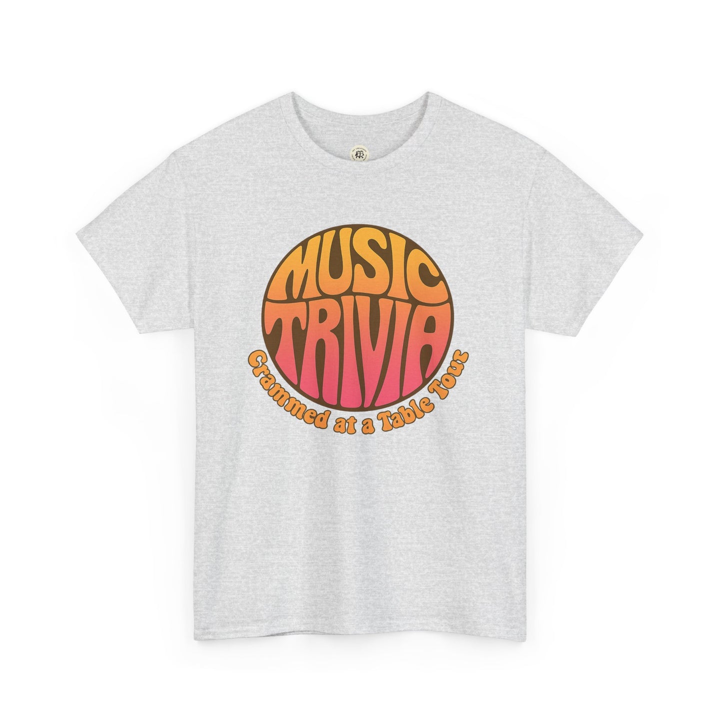 Printify gray retro music trivia t-shirt with orange and pink vintage style graphic design