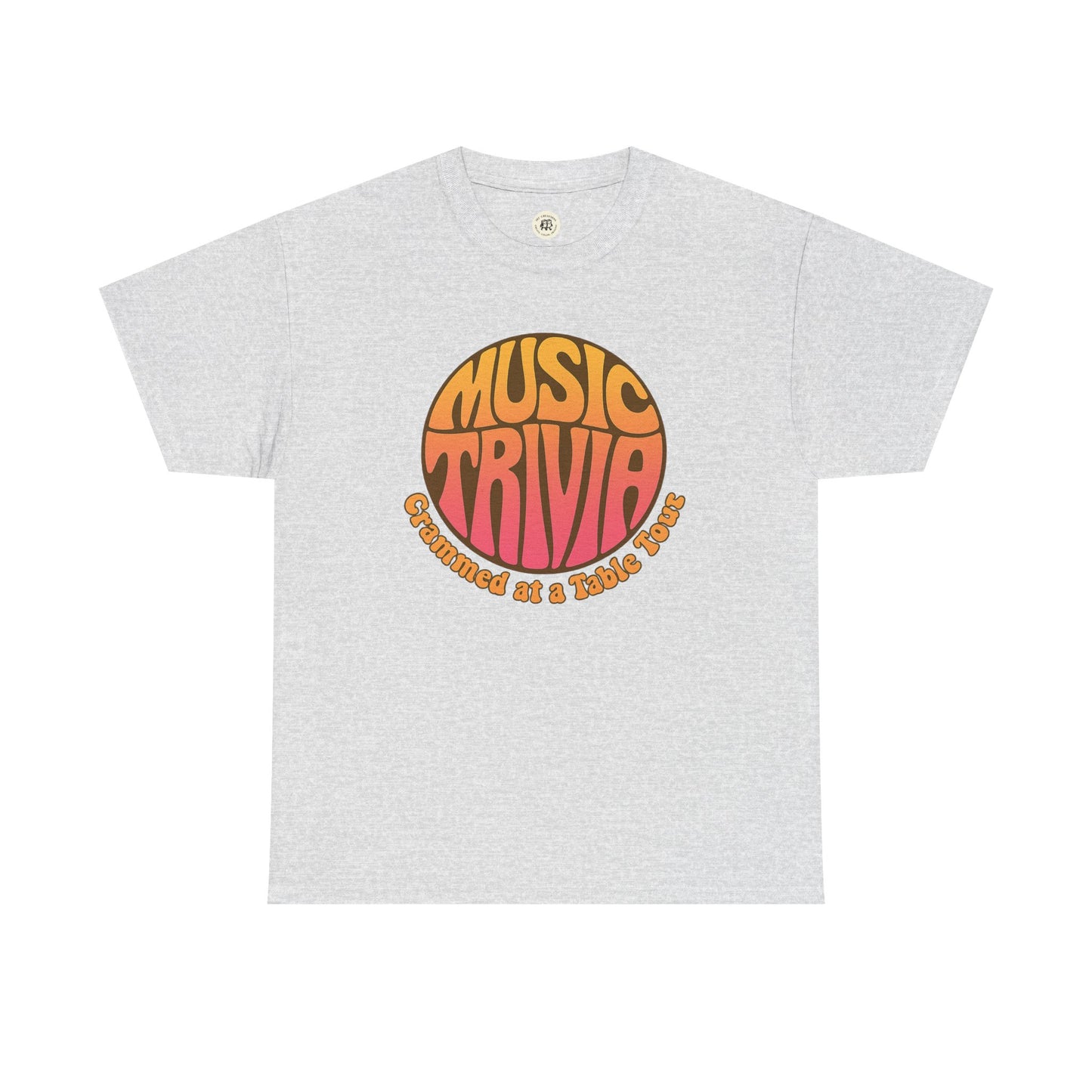 Printify retro music trivia t-shirt with orange and pink circle graphic on light gray fabric