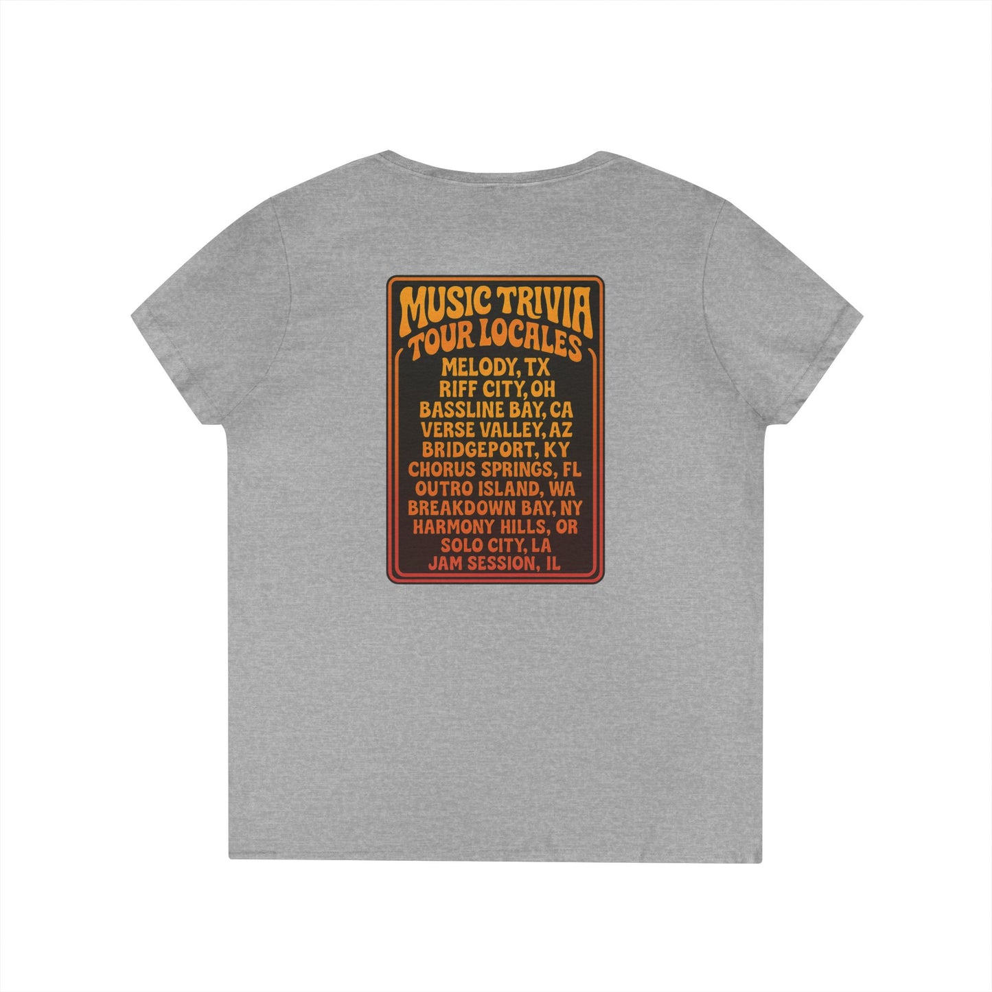 Printify gray V-neck retro music trivia t-shirt with colorful tour locales graphic on back