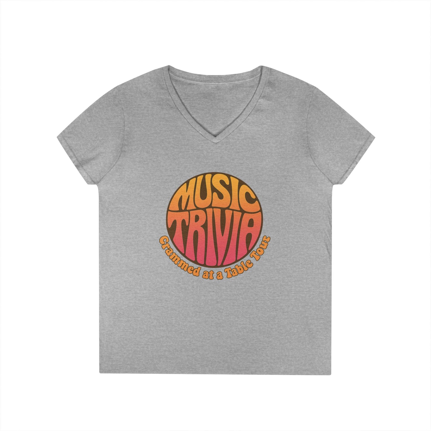 Printify gray V-neck retro music trivia t-shirt with colorful vintage style round logo