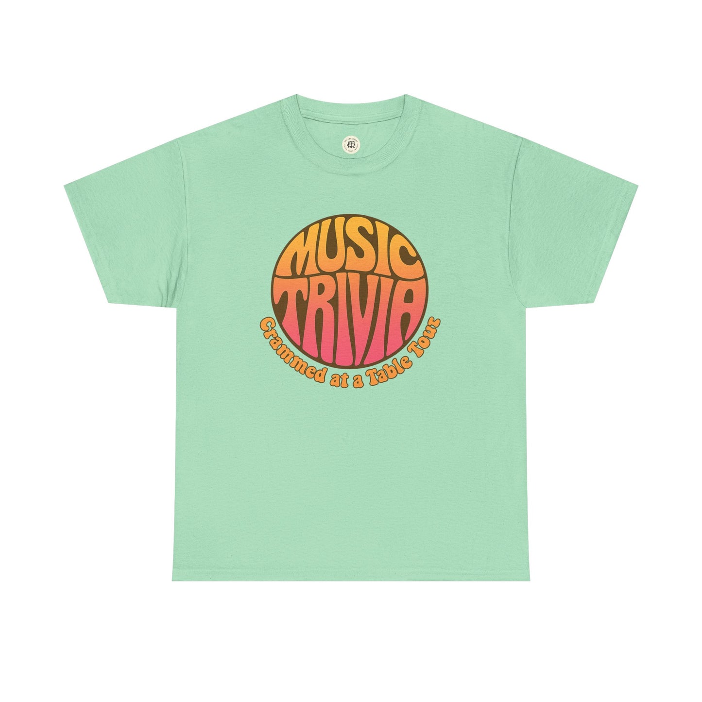 Mint green retro music trivia t-shirt with vintage style circular graphic design