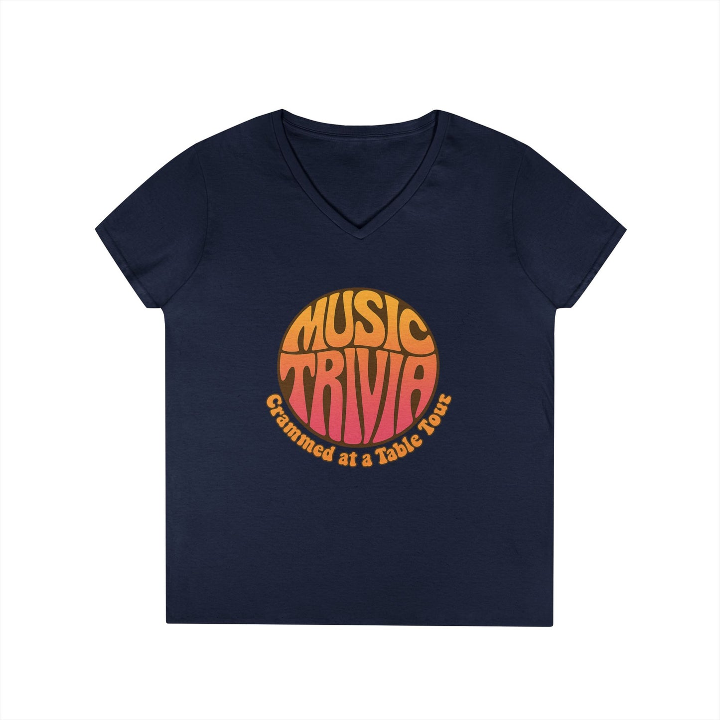 Printify navy V-neck retro music trivia t-shirt with orange and pink graphic design