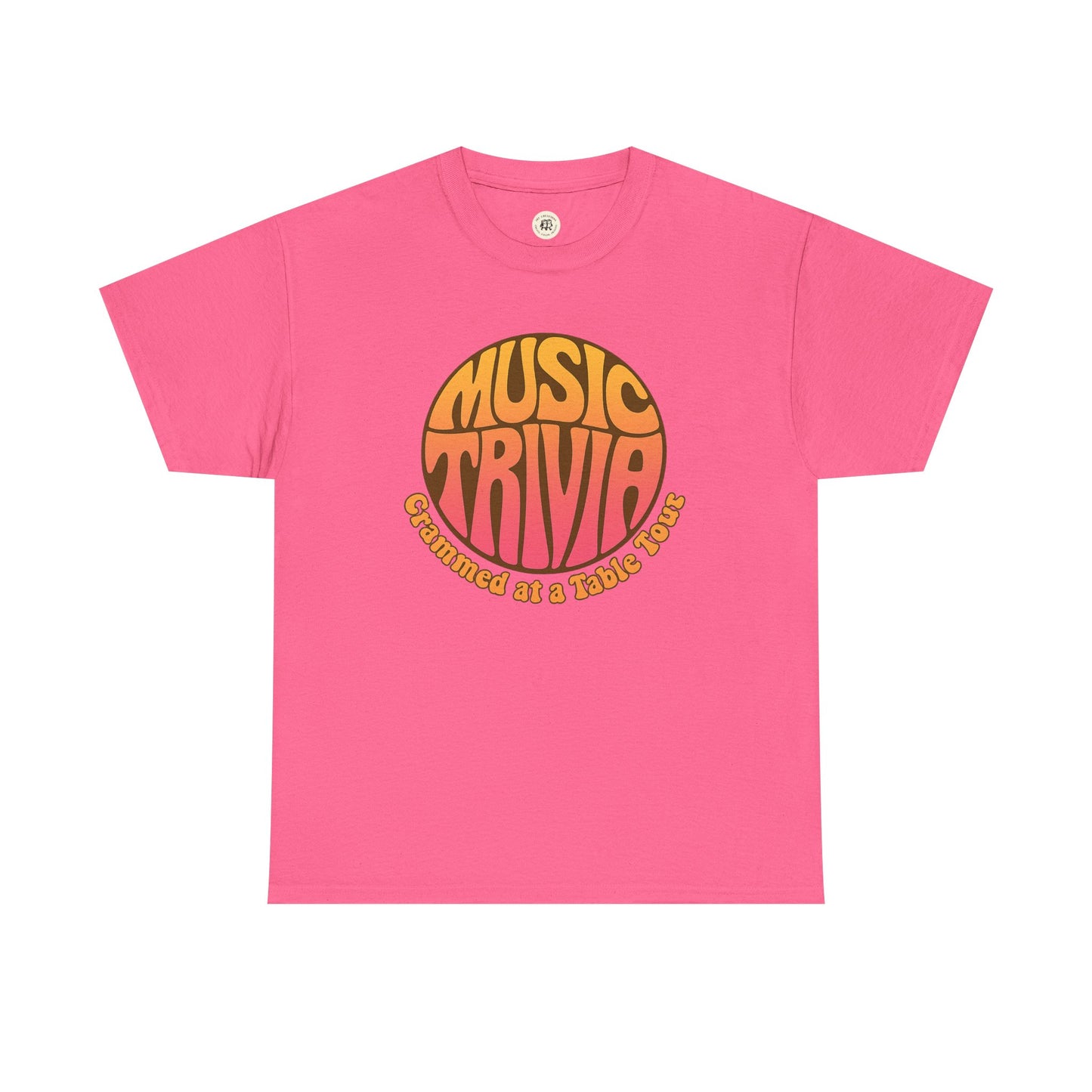Pink Printify retro music trivia t-shirt with orange and yellow circular graphic design