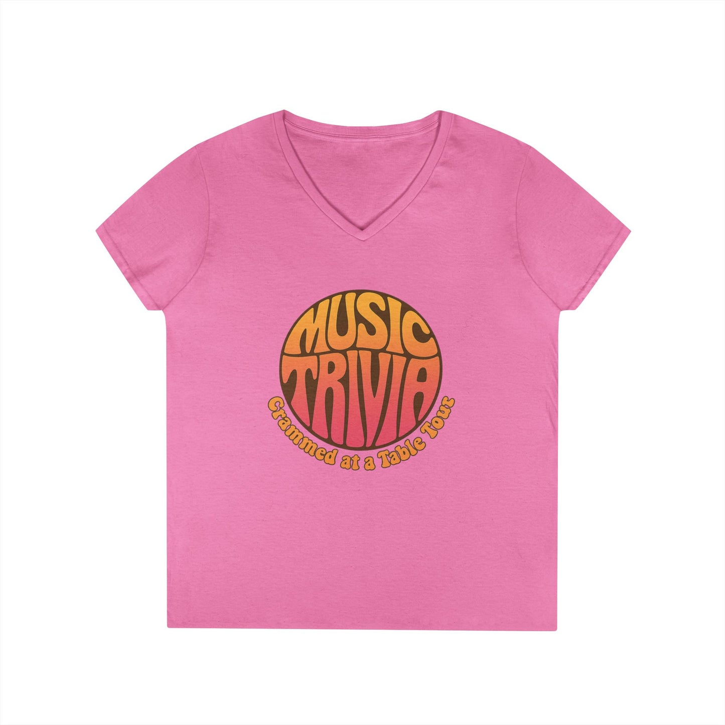 Pink V-neck retro music trivia t-shirt with orange and yellow circular graphic design