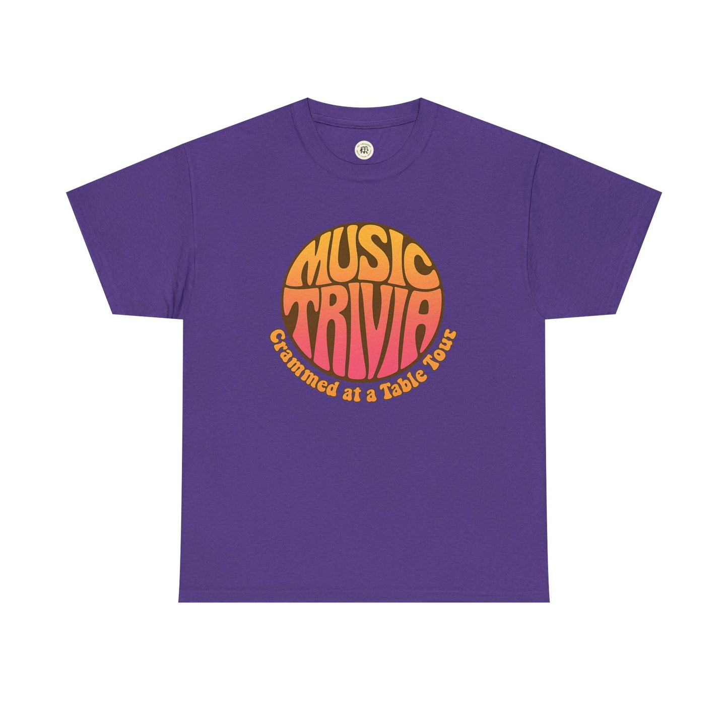 Purple Printify retro music trivia t-shirt with orange and yellow vintage style graphic