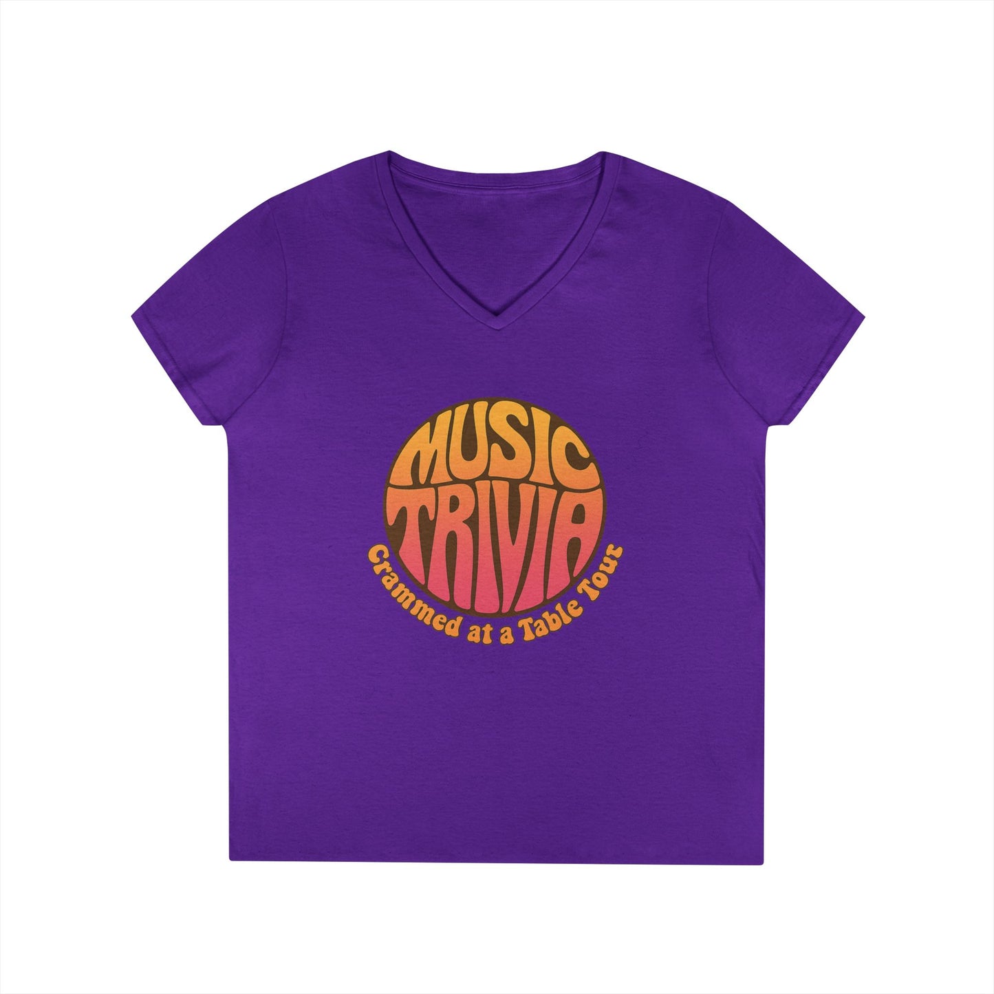 Purple V-neck retro music trivia t-shirt with orange vintage style graphic print