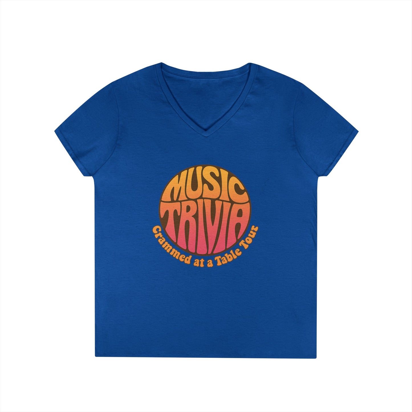 Printify blue V-neck retro music trivia t-shirt with orange and pink circular graphic design