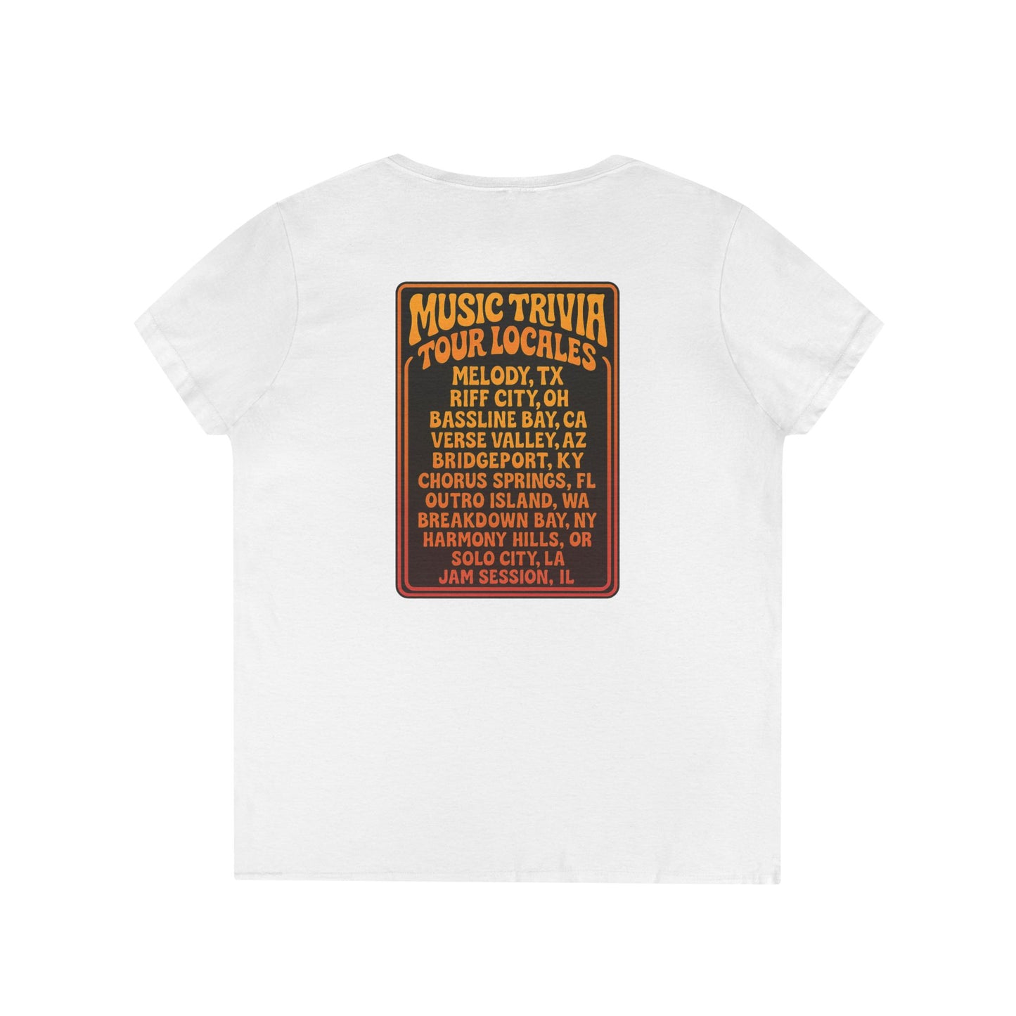 White Printify V-neck retro music trivia t-shirt with vintage tour locales graphic on back