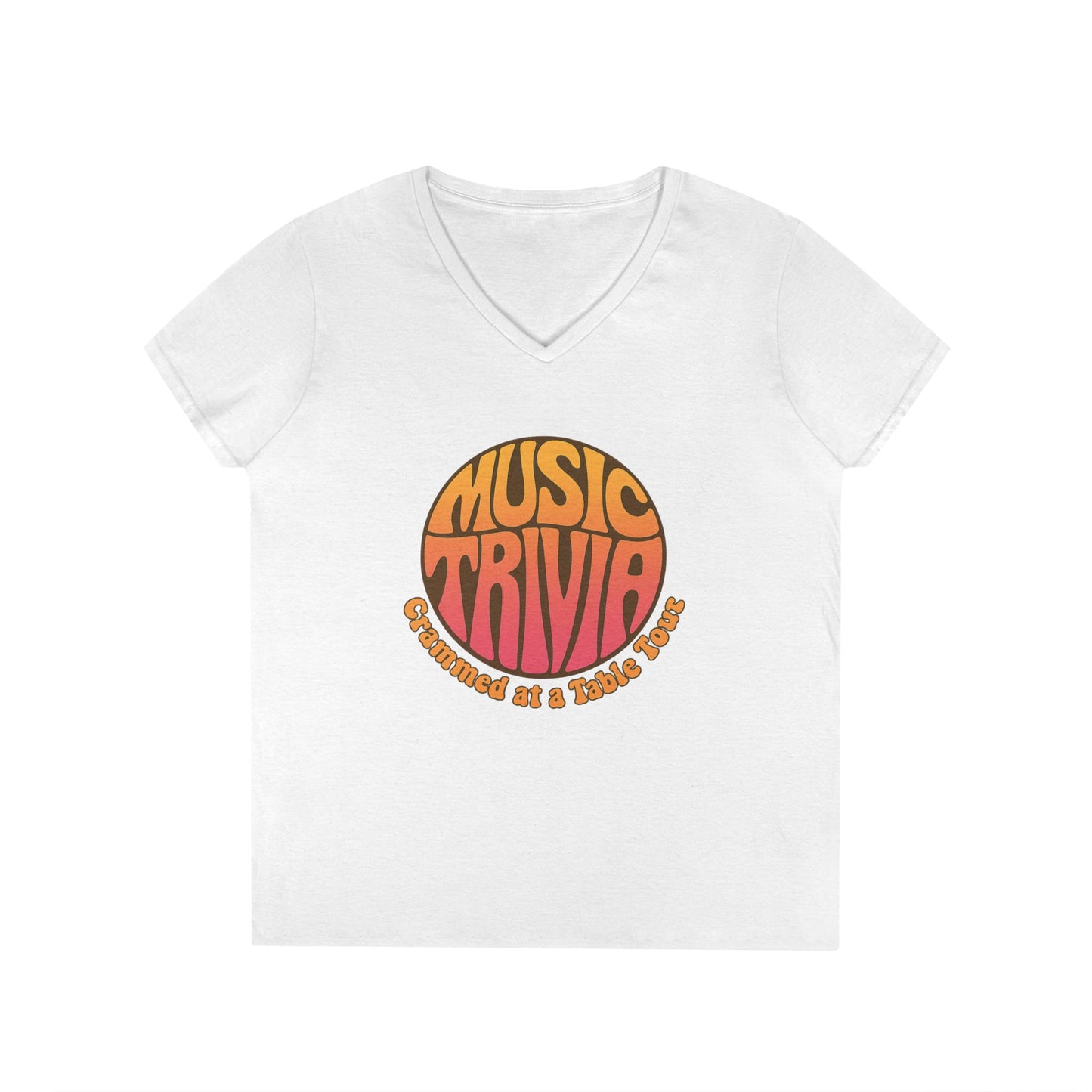 White V-neck retro music trivia t-shirt with orange and pink circular graphic design