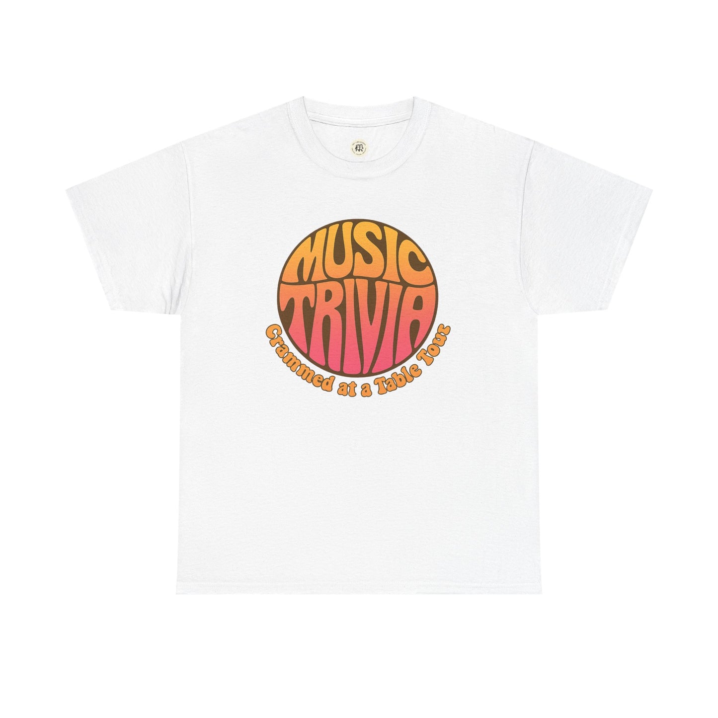 White Printify retro music trivia t-shirt with orange and pink circular graphic design