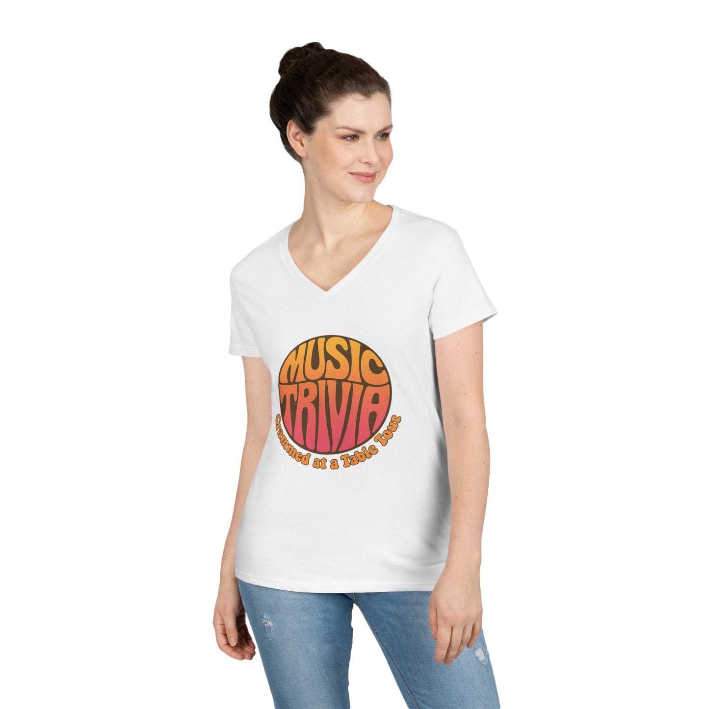 White Printify V-neck retro music trivia t-shirt worn by woman with colorful music trivia graphic