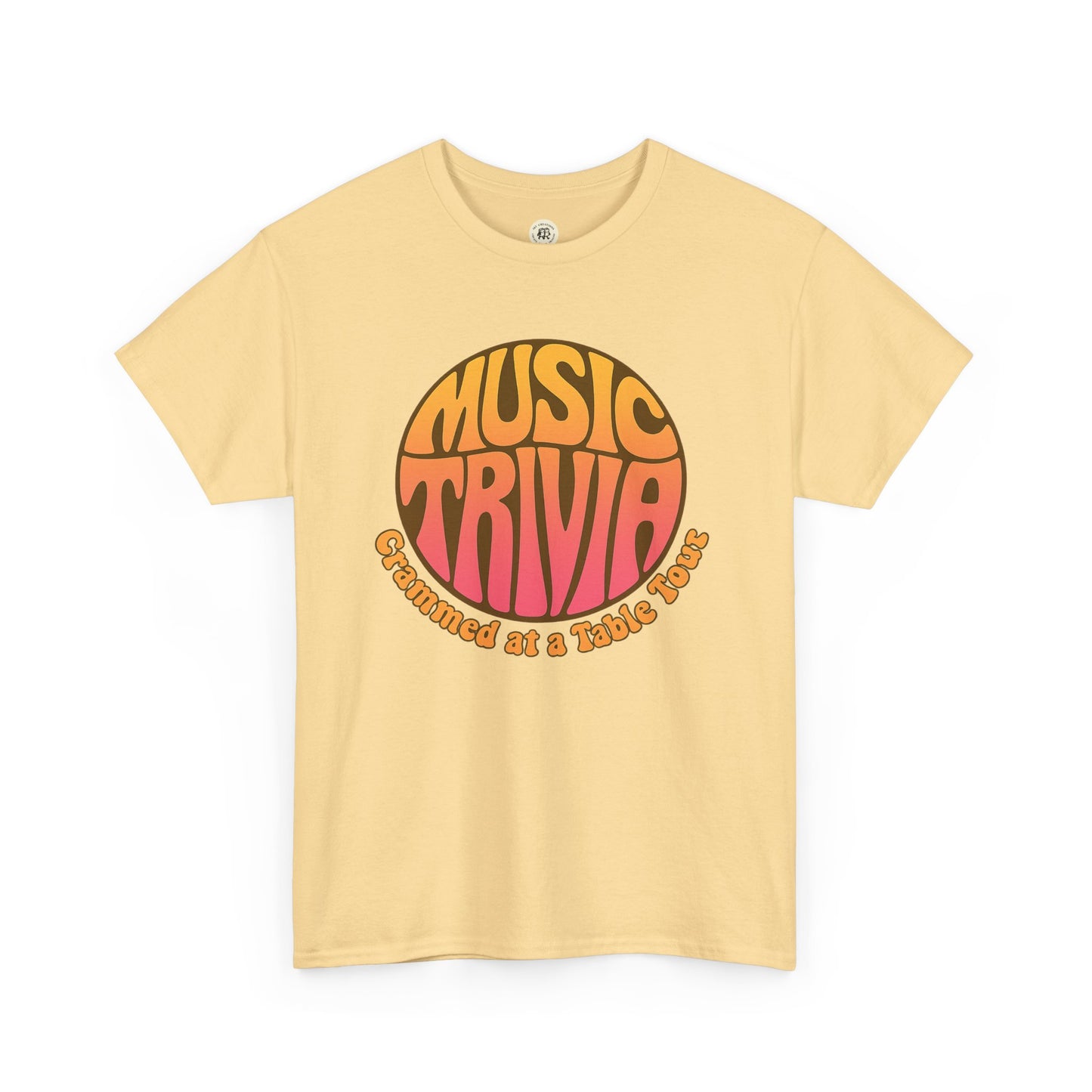 Printify retro music trivia t-shirt in beige with colorful vintage style text design on front