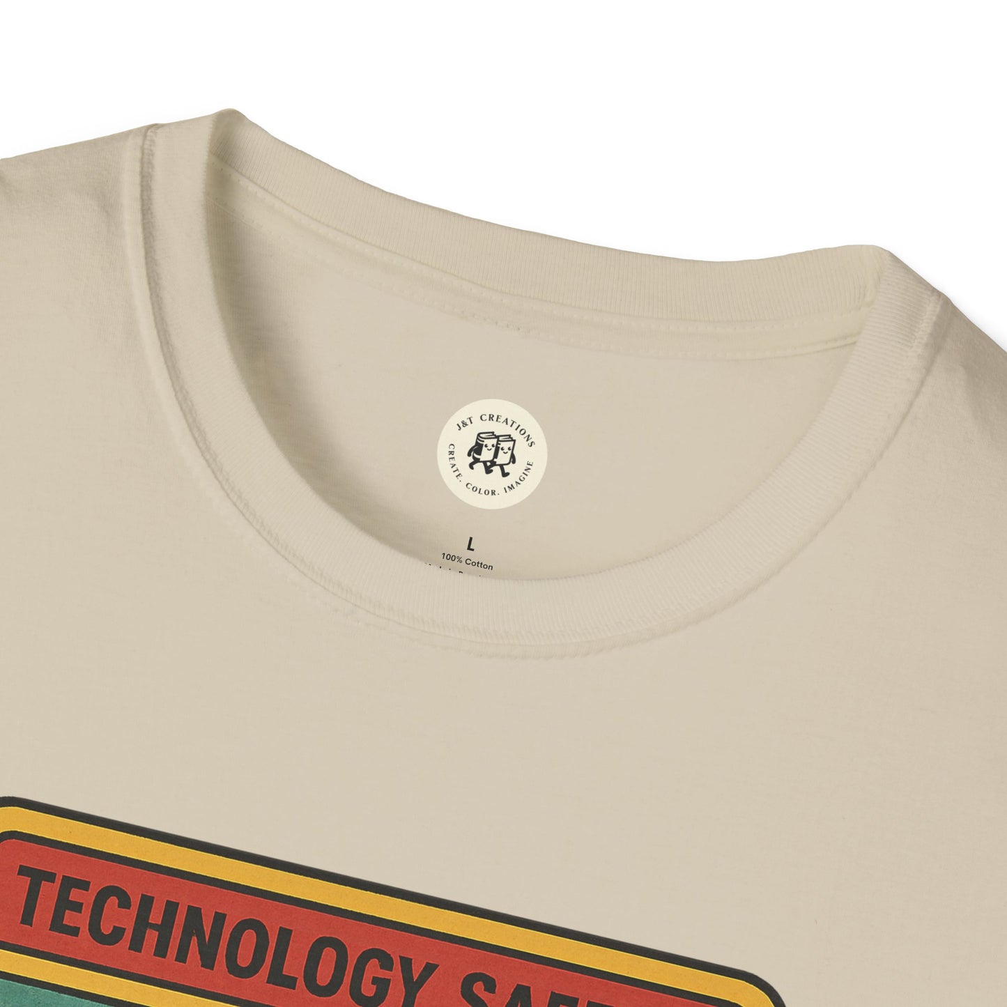 Close-up of a Printify retro Radiohead t-shirt with a beige color and graphic design on the front