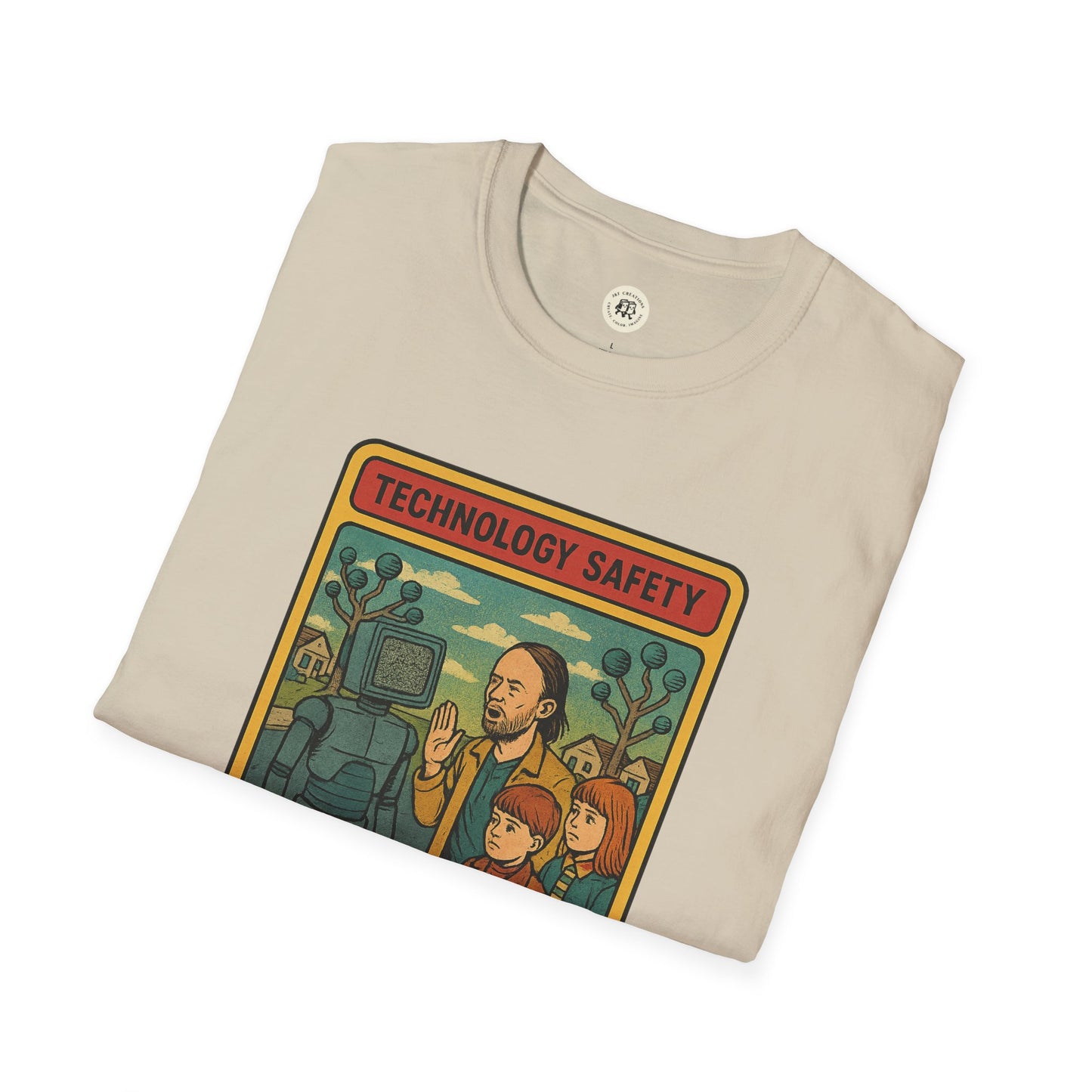 Printify beige retro Radiohead t-shirt featuring vintage technology safety graphic design