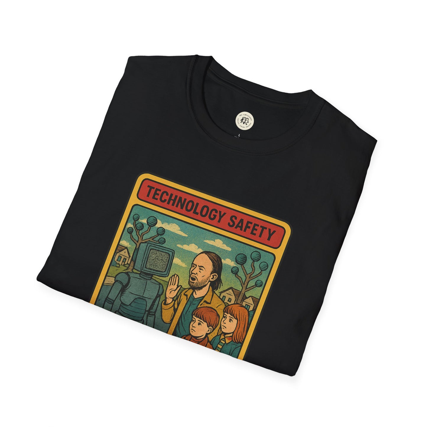 Black Printify retro Radiohead t-shirt featuring vintage style Technology Safety graphic