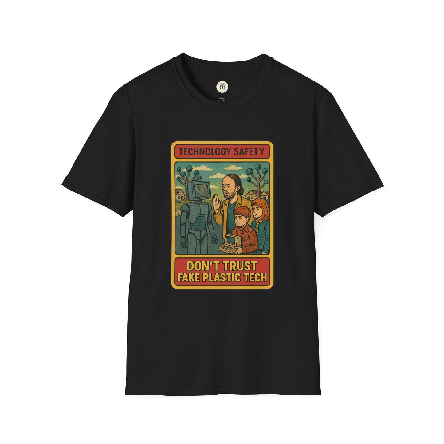 Black retro Radiohead t-shirt with vintage style technology safety graphic and text design