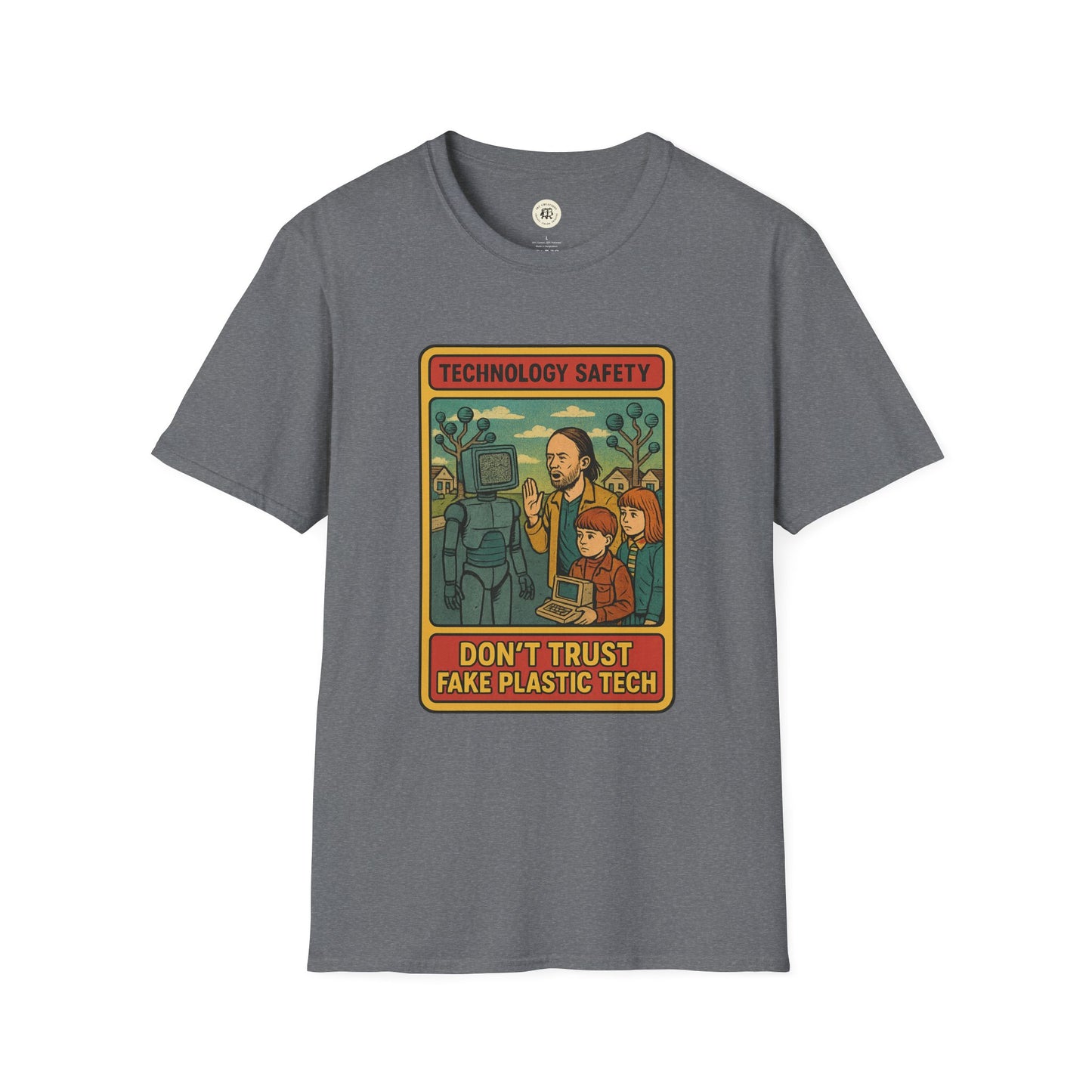 Printify gray retro Radiohead t-shirt with vintage technology safety cartoon graphic