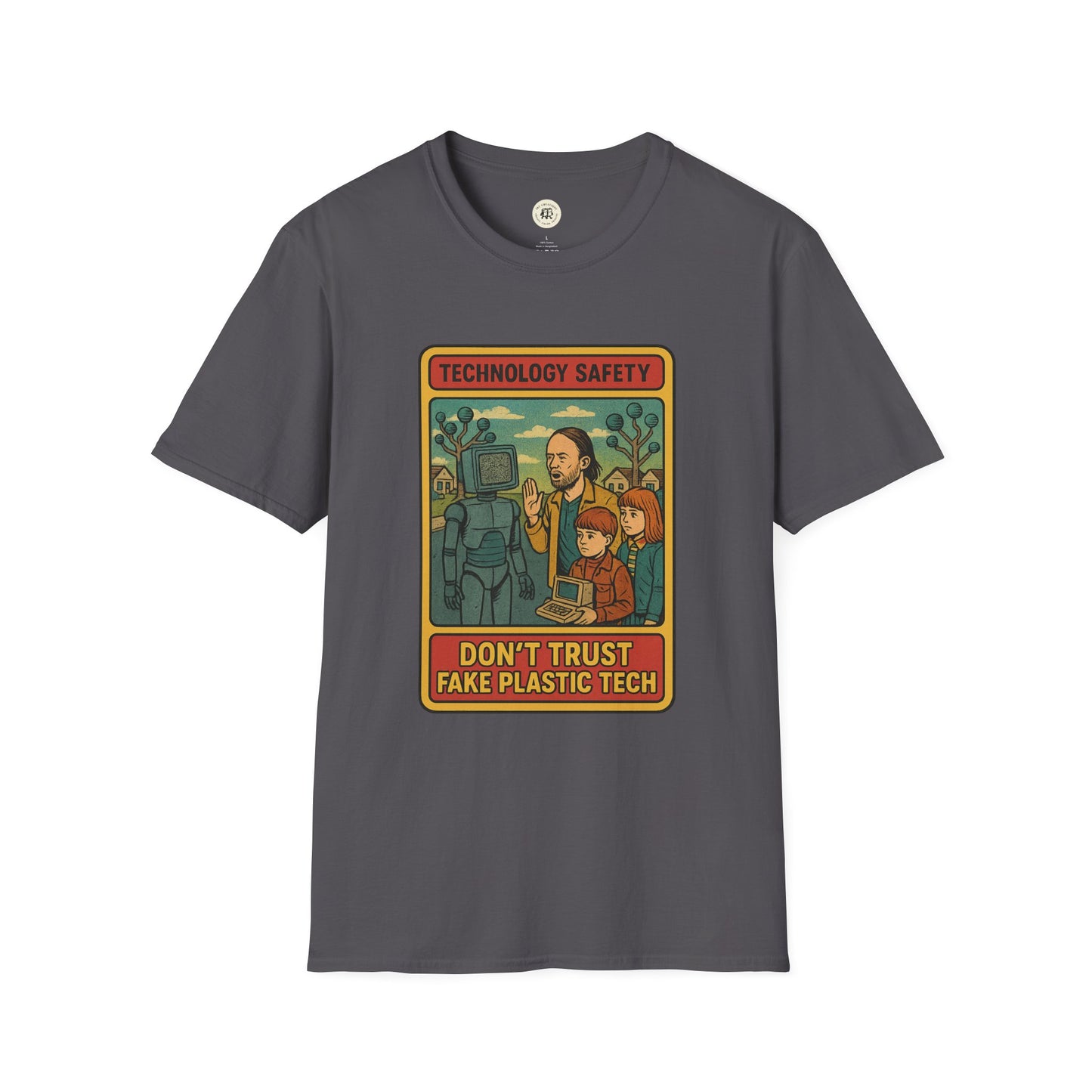 Gray Printify retro Radiohead t-shirt with vintage technology safety graphic and warning text