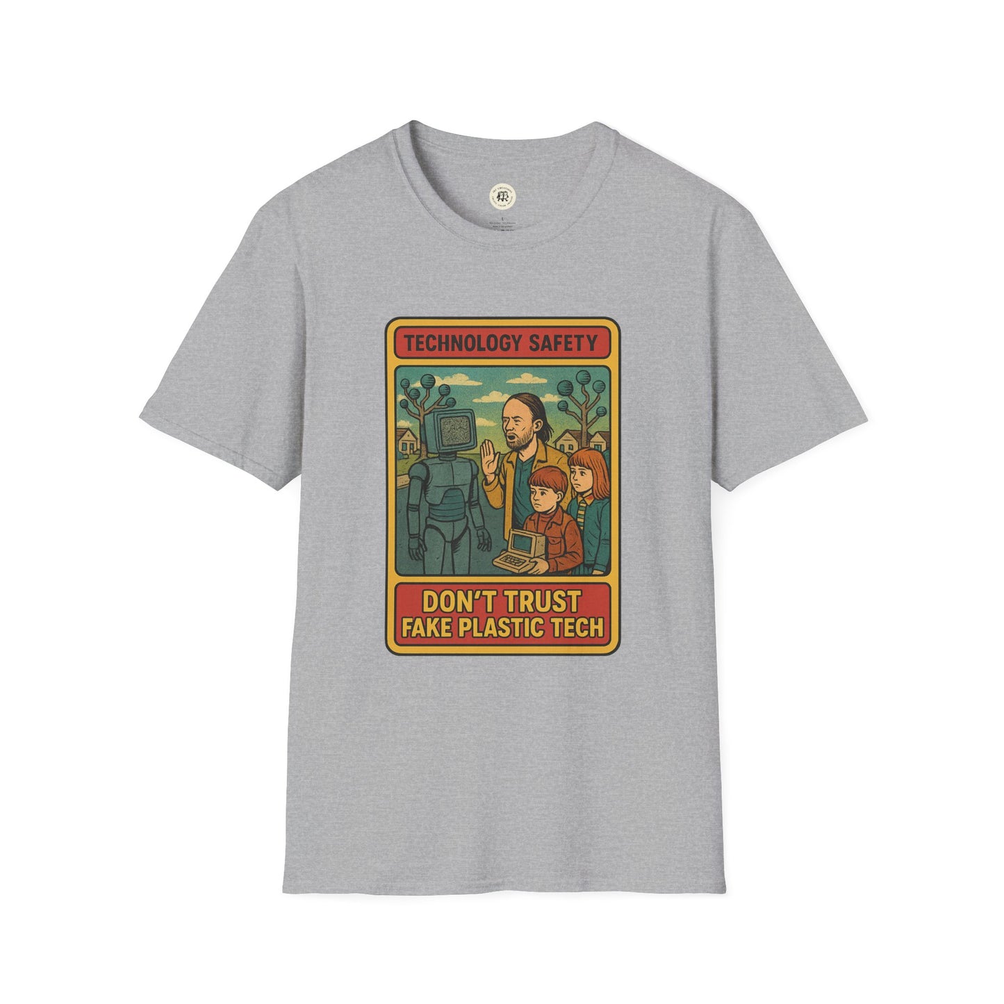 Printify gray retro Radiohead t-shirt with technology safety graphic and text about fake plastic tech