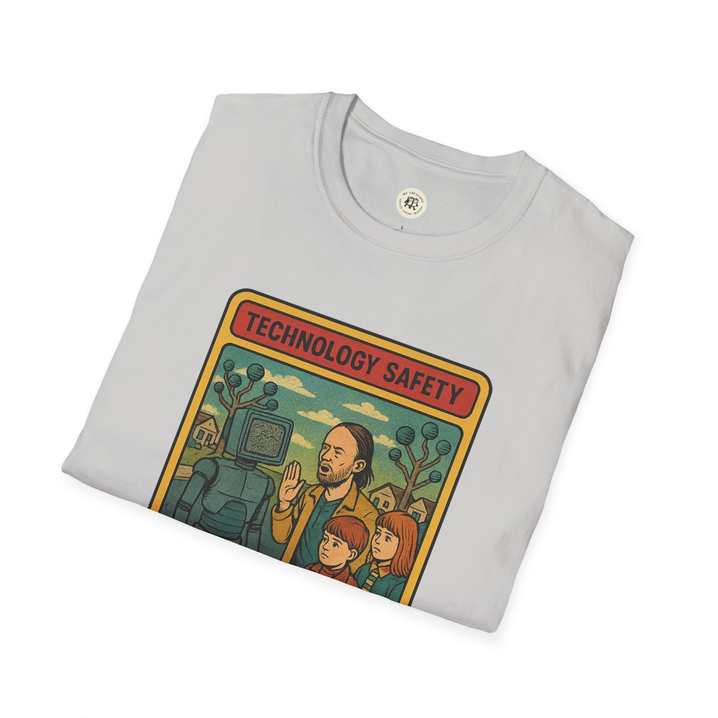 Printify retro Radiohead t-shirt with colorful technology safety graphic design folded on white background