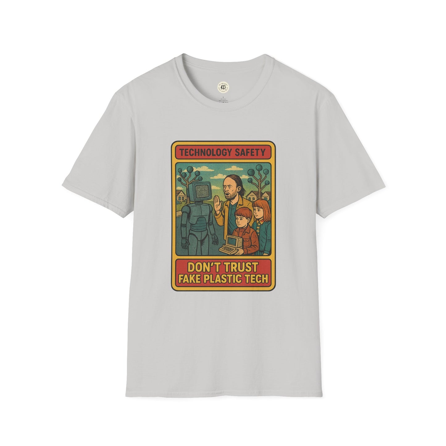 Printify retro Radiohead t-shirt with vintage technology safety graphic in muted colors