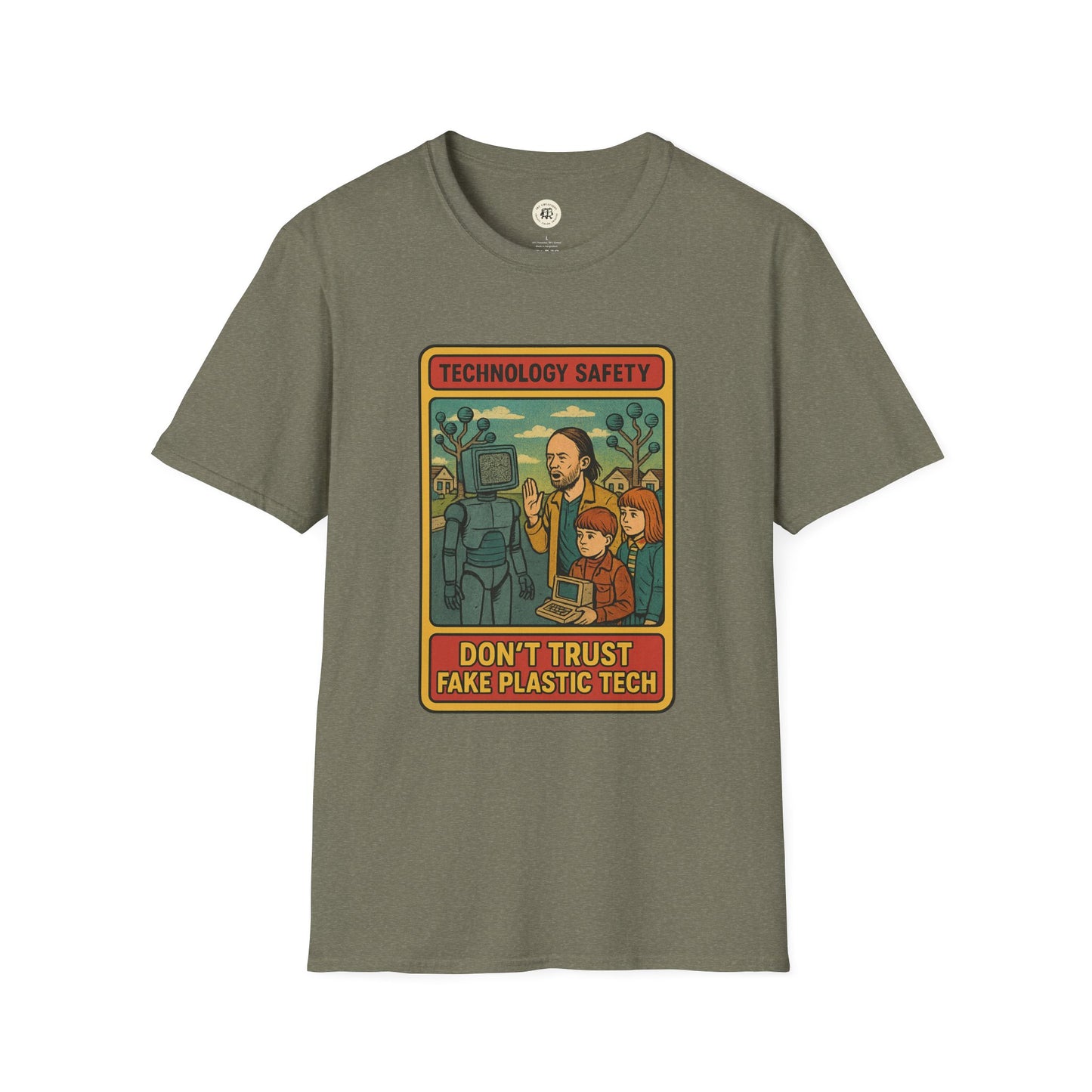 Printify retro Radiohead t-shirt with vintage style graphic warning about fake plastic technology