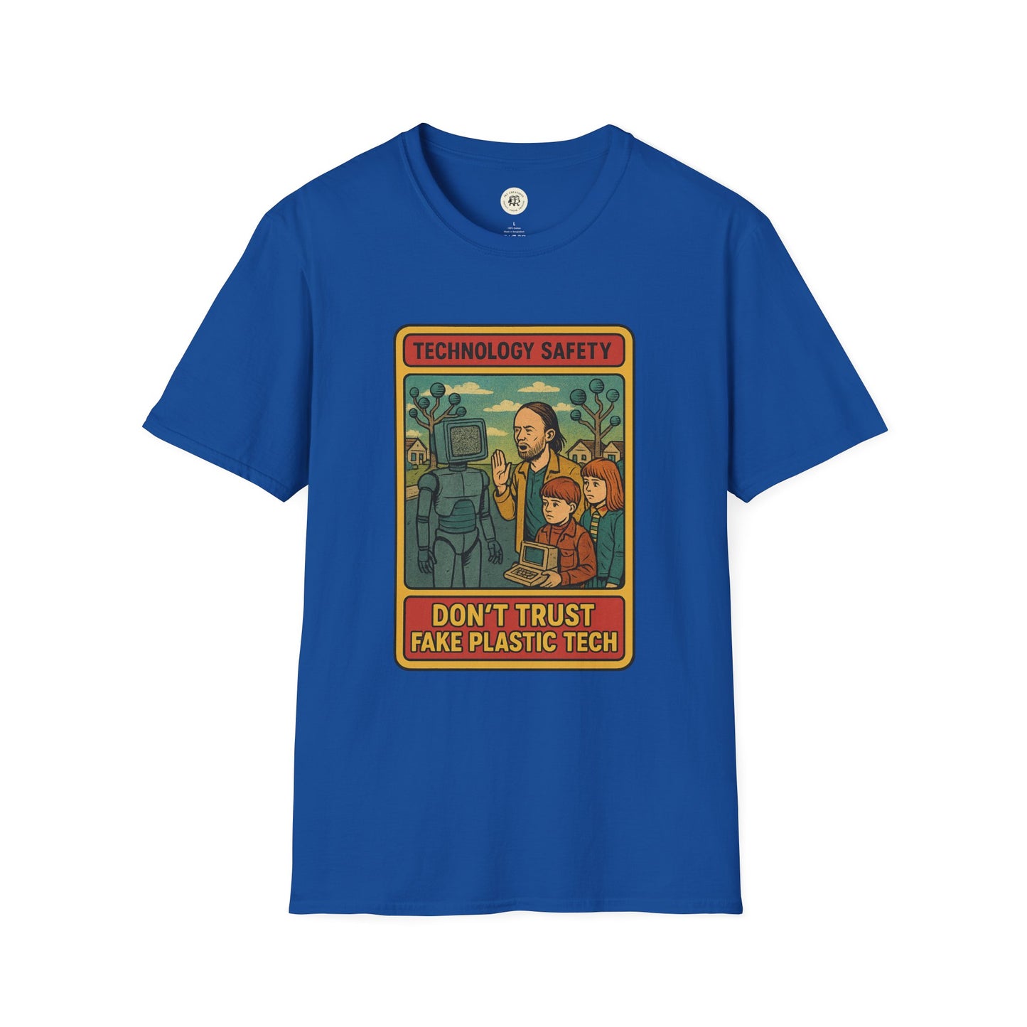 Blue Printify retro Radiohead t-shirt with vintage technology safety graphic and bold text design