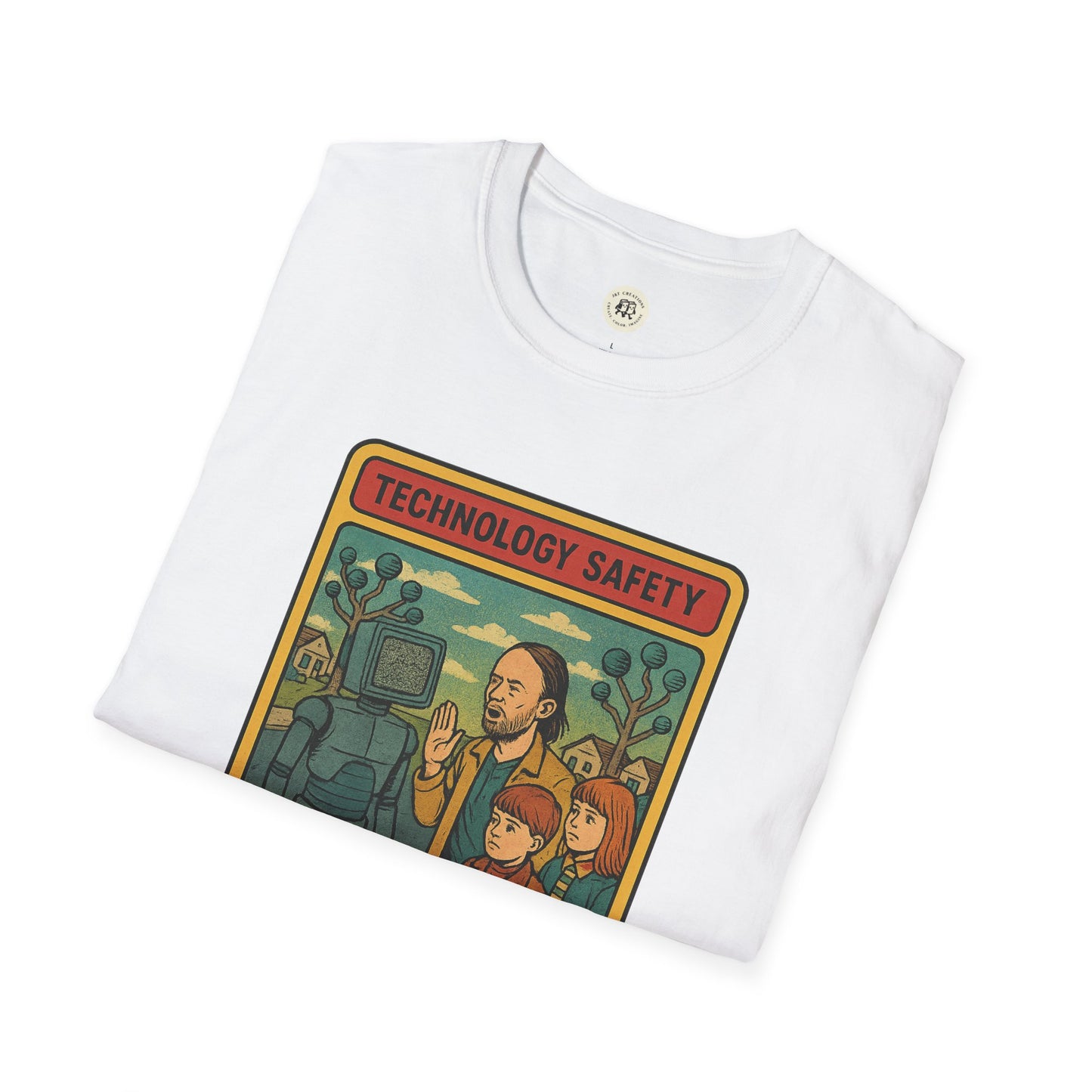 White Printify retro Radiohead t-shirt featuring vintage style Technology Safety graphic design