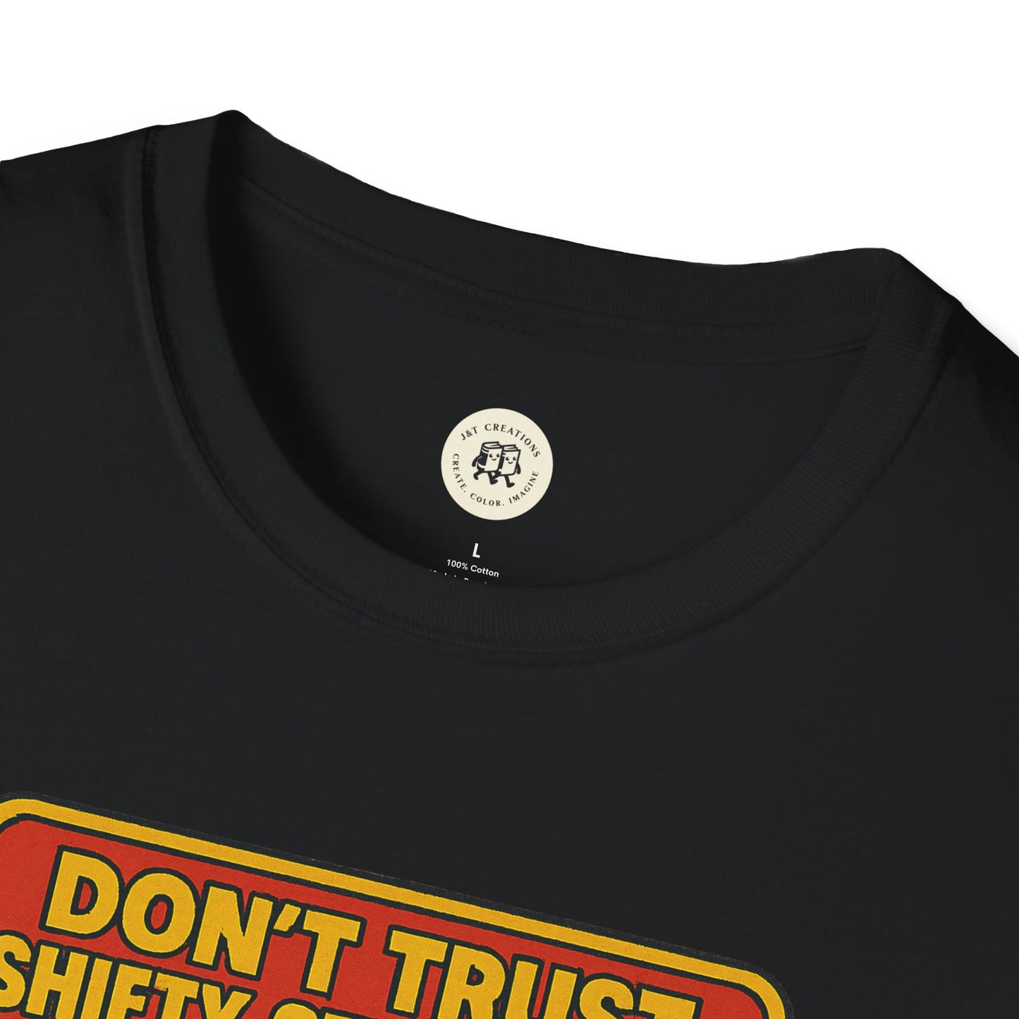 Black Printify T-shirt featuring a retro stranger danger shirt design with bold vintage text graphic