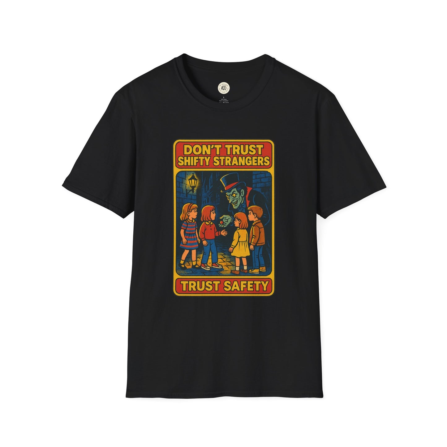 Black retro stranger danger shirt with vintage cartoon of kids and a shady stranger warning safety