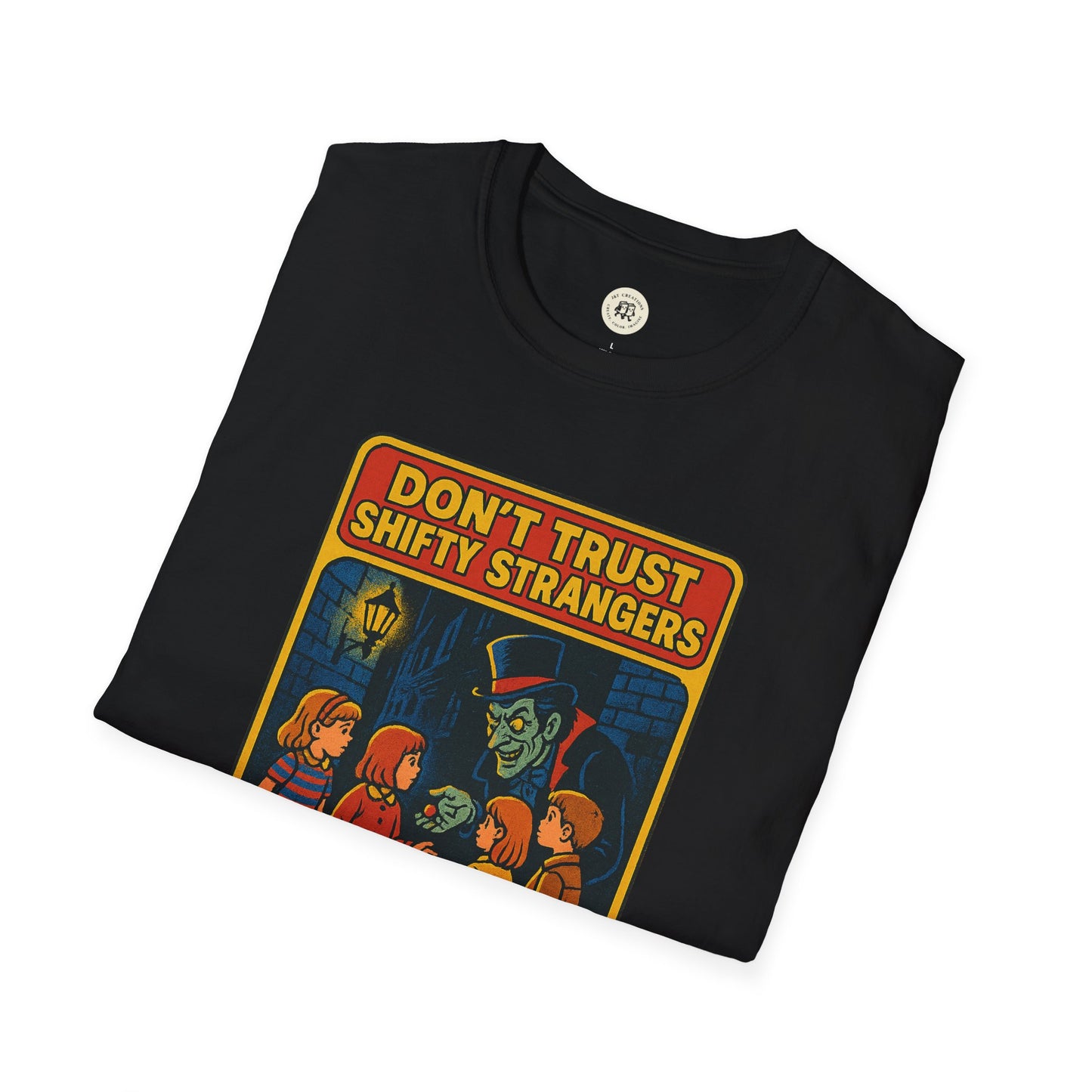 Black Printify t-shirt with retro stranger danger shirt design featuring vintage warning graphic