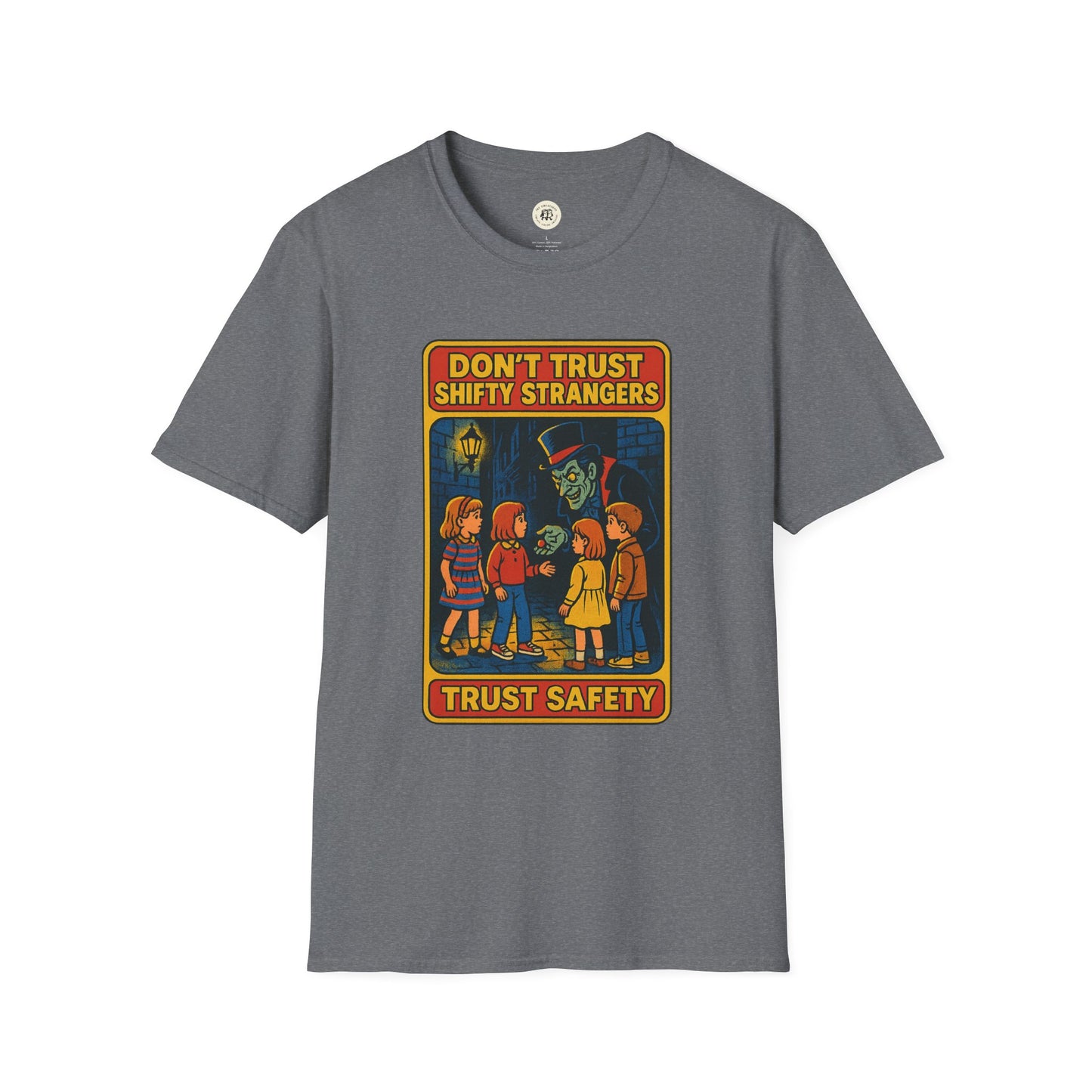 Printify gray retro stranger danger shirt with vintage cartoon safety warning design