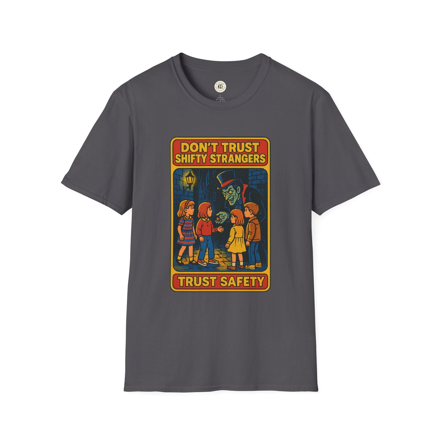 Gray Printify t-shirt featuring a retro stranger danger shirt graphic with children and a creepy stranger