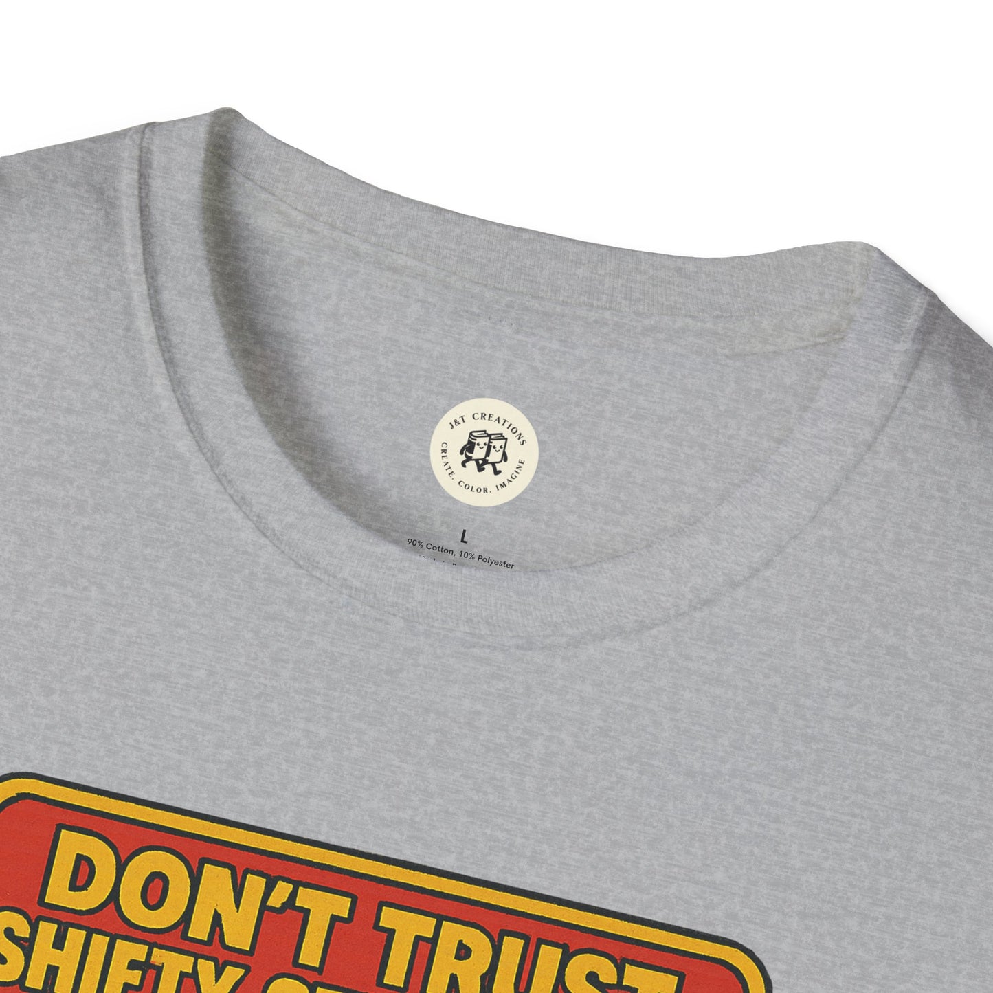 Gray Printify t-shirt with retro stranger danger shirt graphic and round neckline