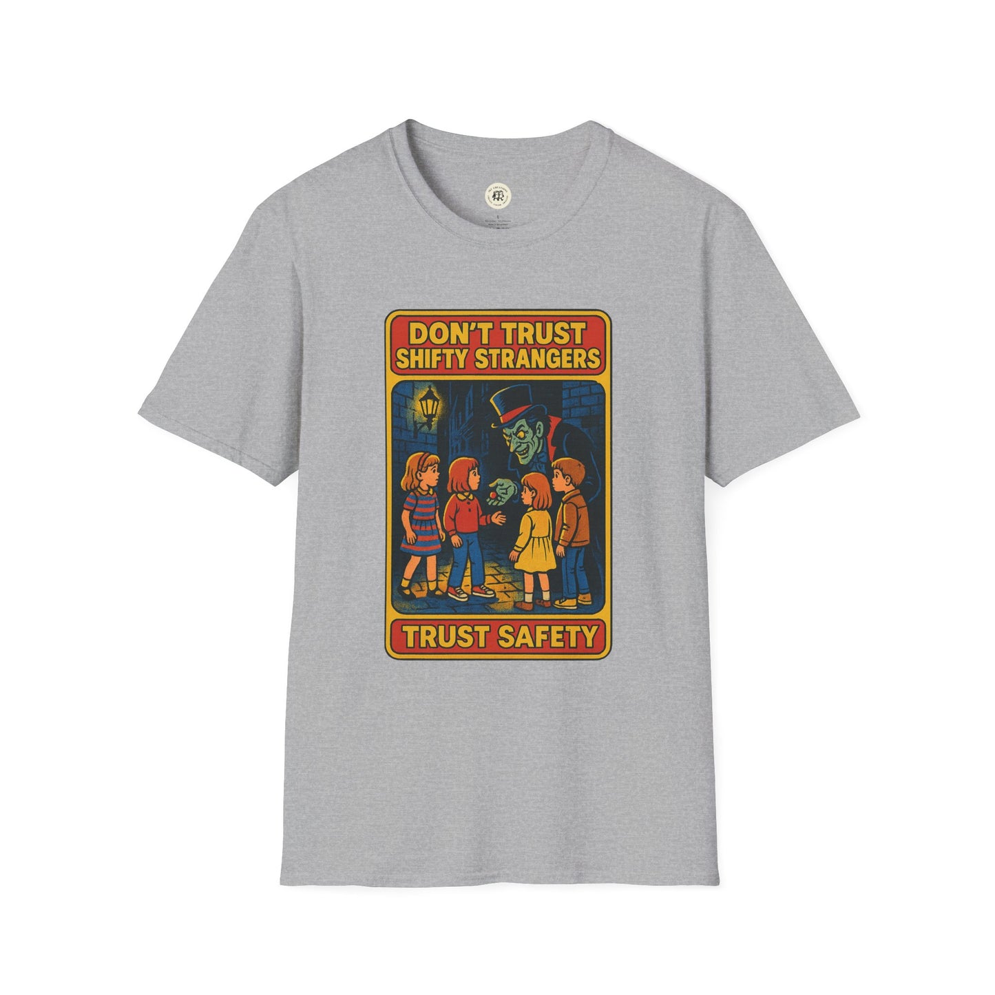 Gray Printify t-shirt featuring a retro stranger danger shirt design warning kids about shifty strangers
