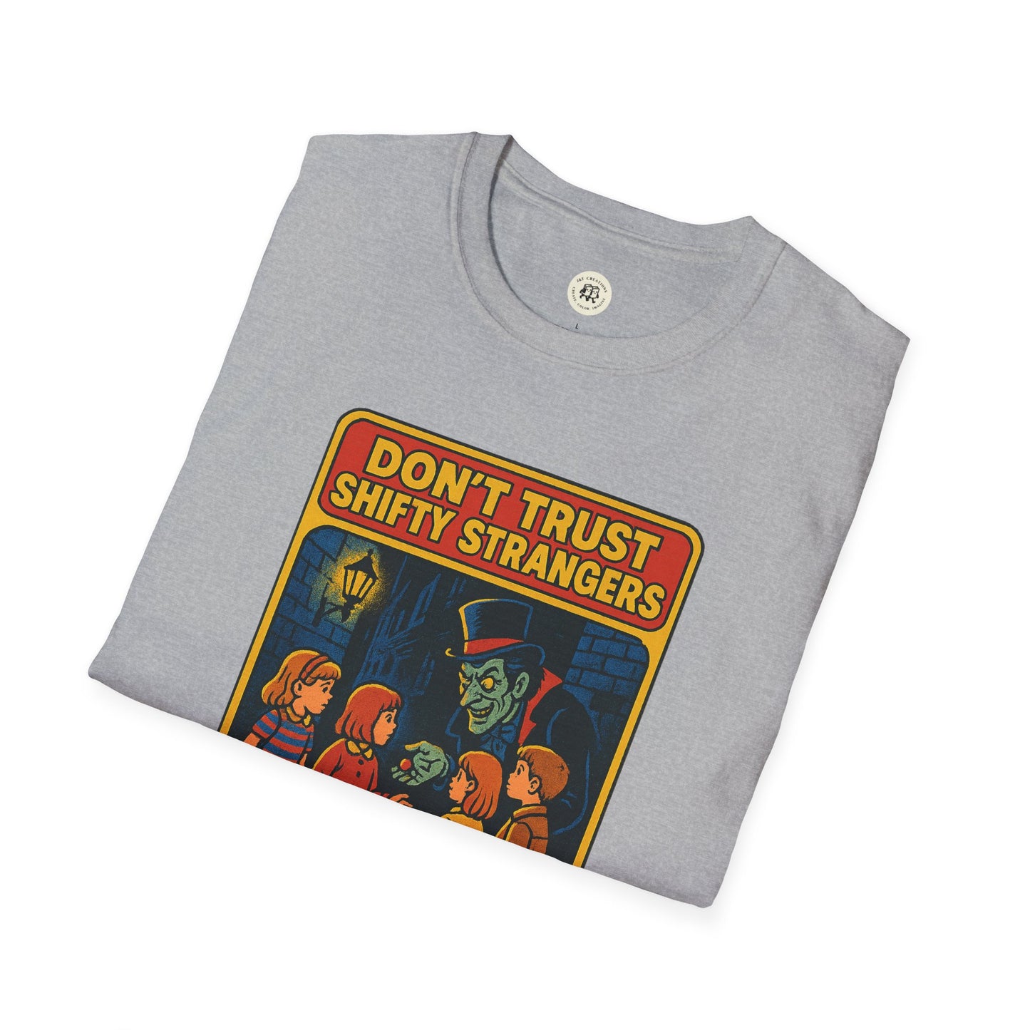 Gray Printify T-Shirt featuring a retro stranger danger shirt design with kids and a sinister stranger