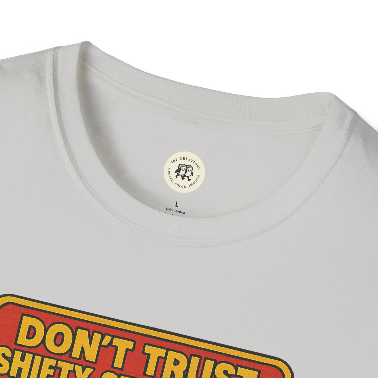 White Printify t-shirt featuring a retro stranger danger shirt design with bold text graphics