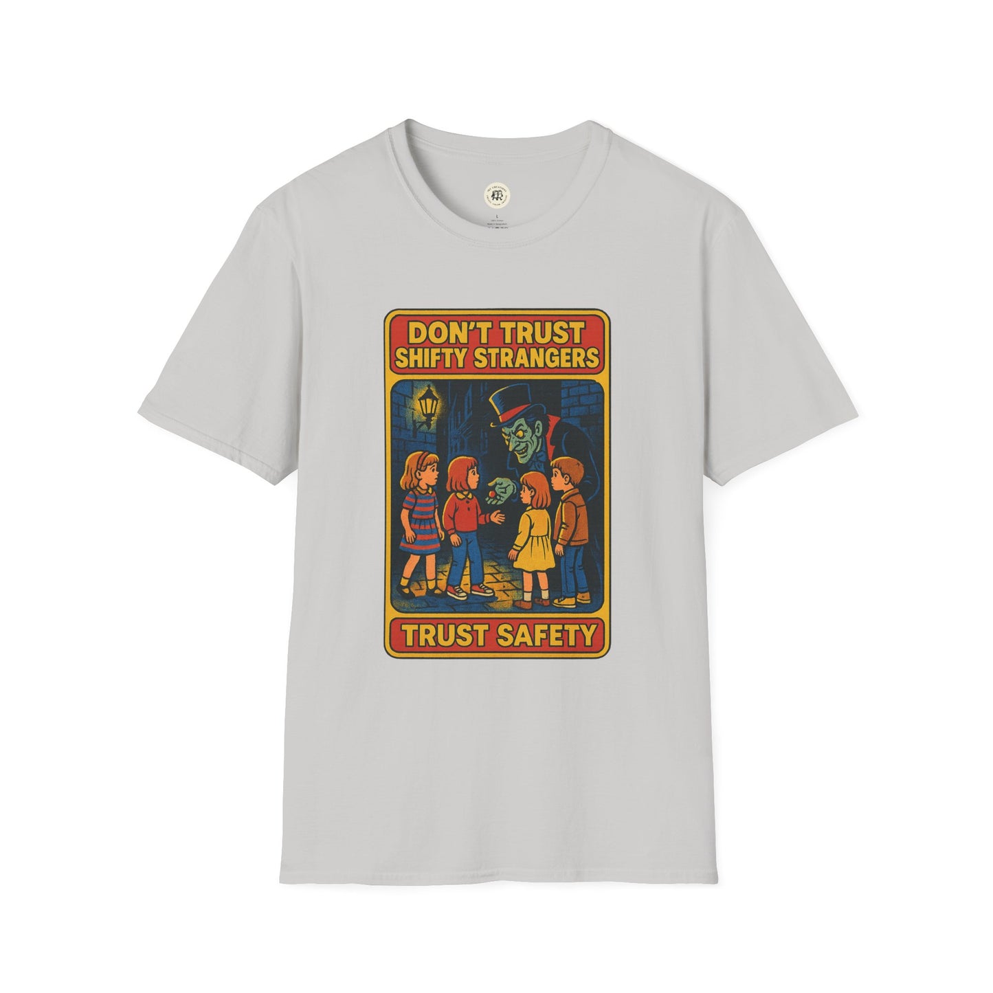 Printify retro stranger danger shirt with vintage style safety warning graphic and kids illustration