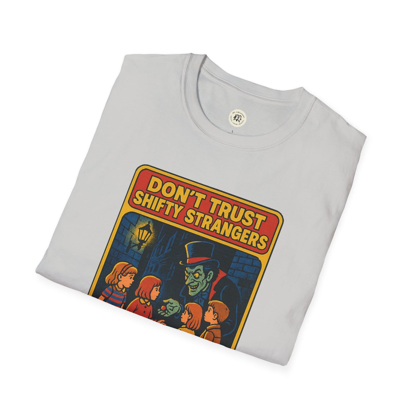 Folded white Printify t-shirt featuring a retro stranger danger shirt design with vintage warning graphic