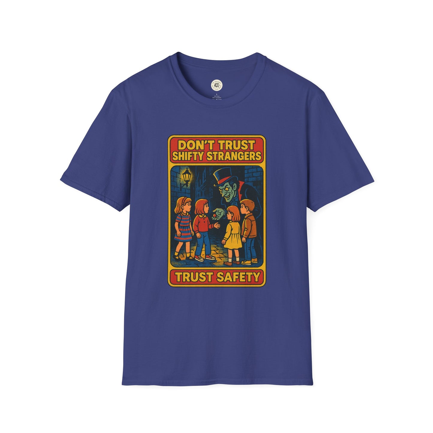 Blue retro stranger danger shirt featuring vintage safety warning graphic with children and a suspicious figure