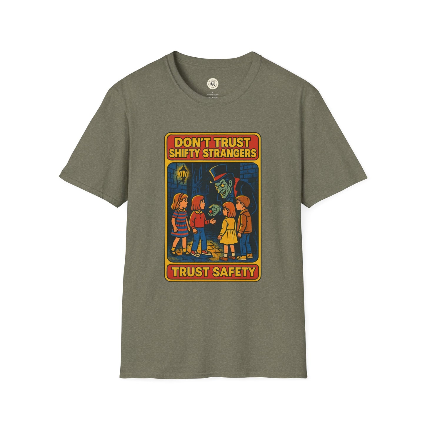 Printify retro stranger danger shirt with vintage style warning graphic and safety message