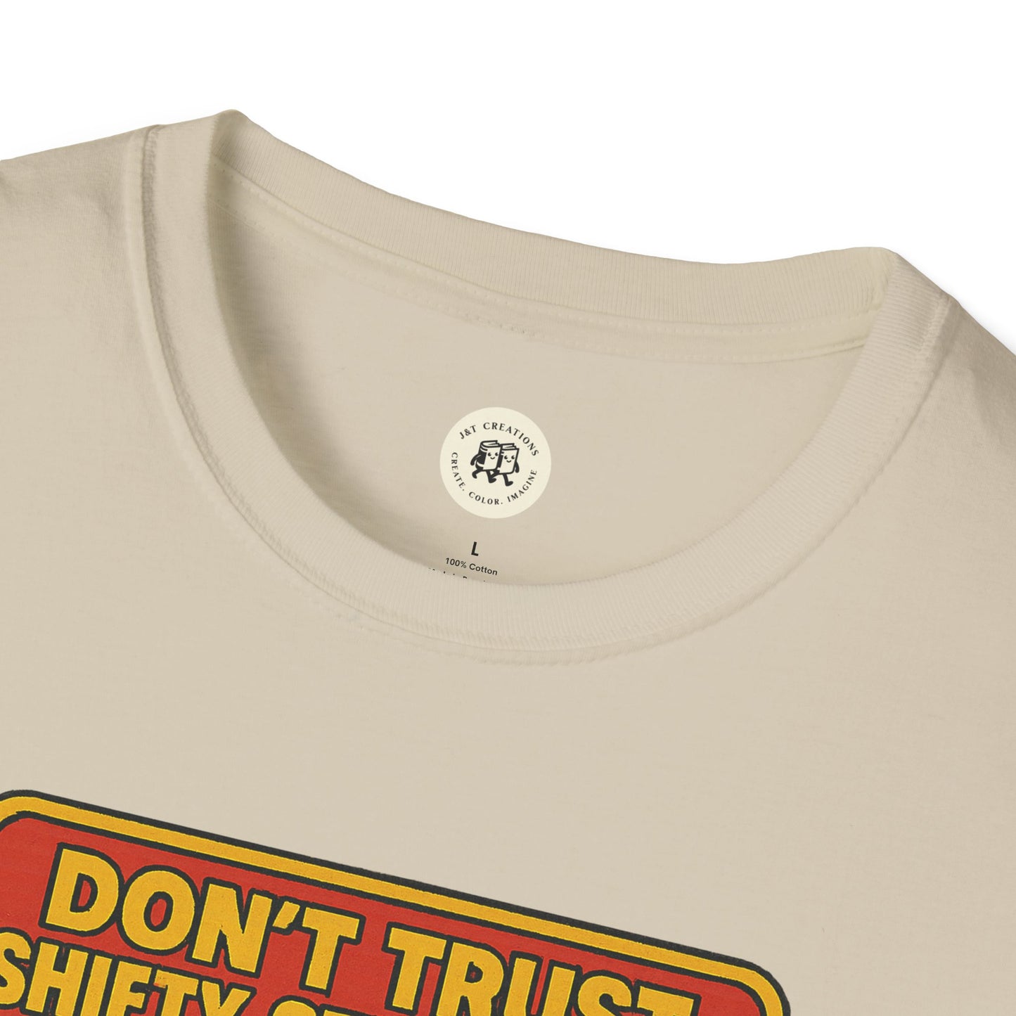 Printify cream retro stranger danger shirt with vintage style graphic and bold yellow text